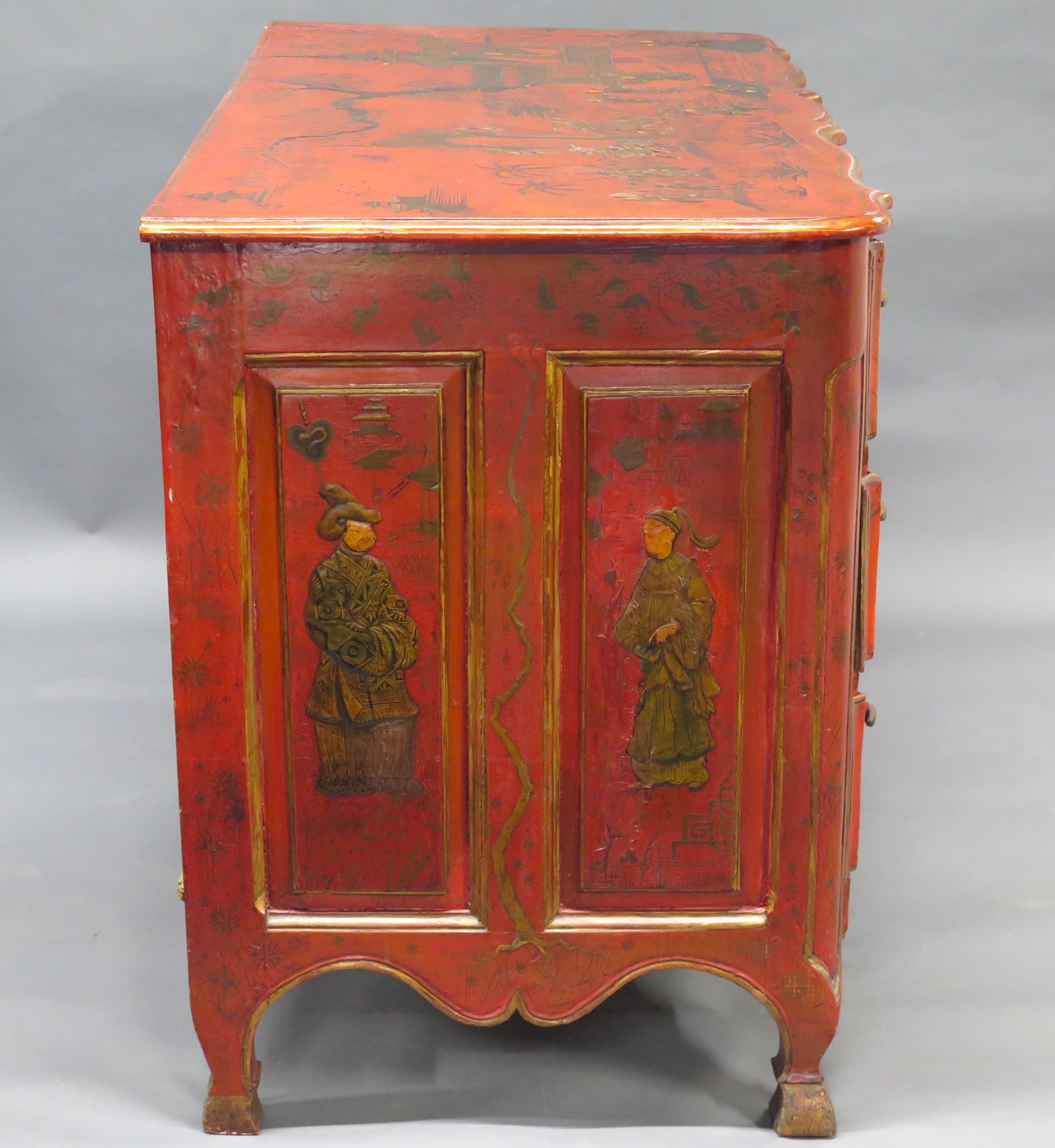Hand-Crafted Continental Red Chinoiserie Three Drawer Commode For Sale