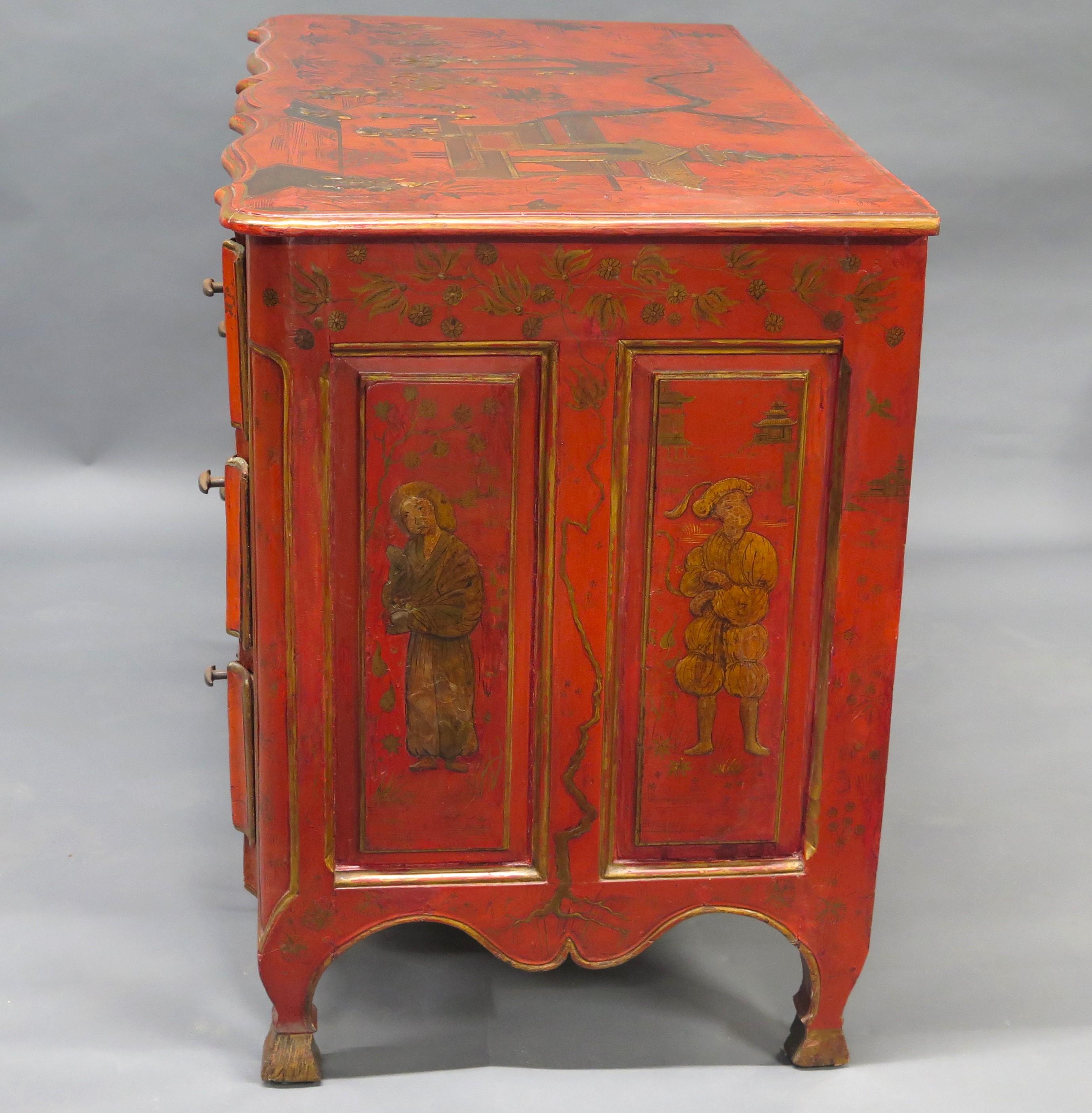 18th Century and Earlier Continental Red Chinoiserie Three Drawer Commode For Sale