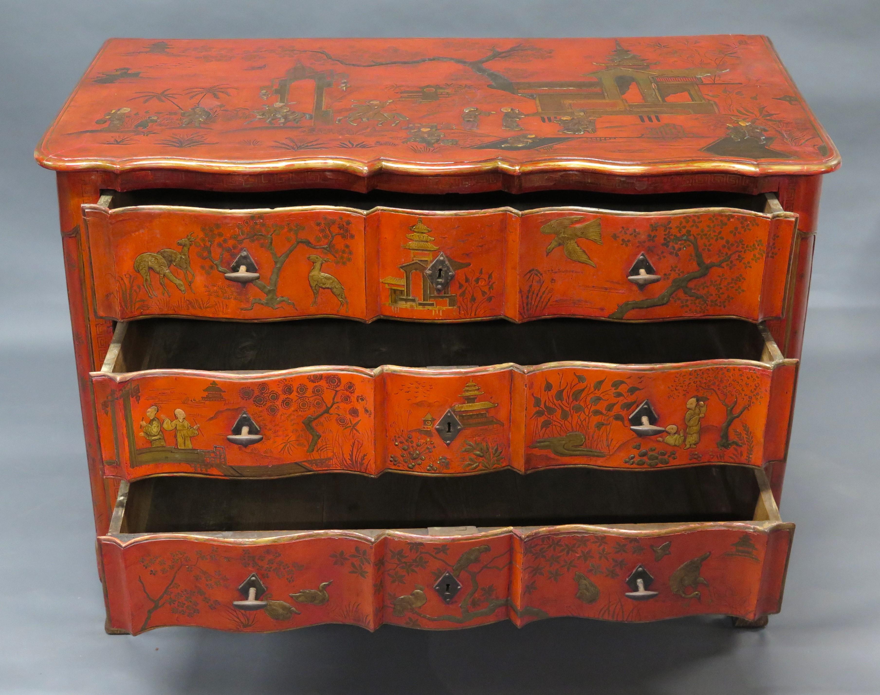 Wood Continental Red Chinoiserie Three Drawer Commode For Sale