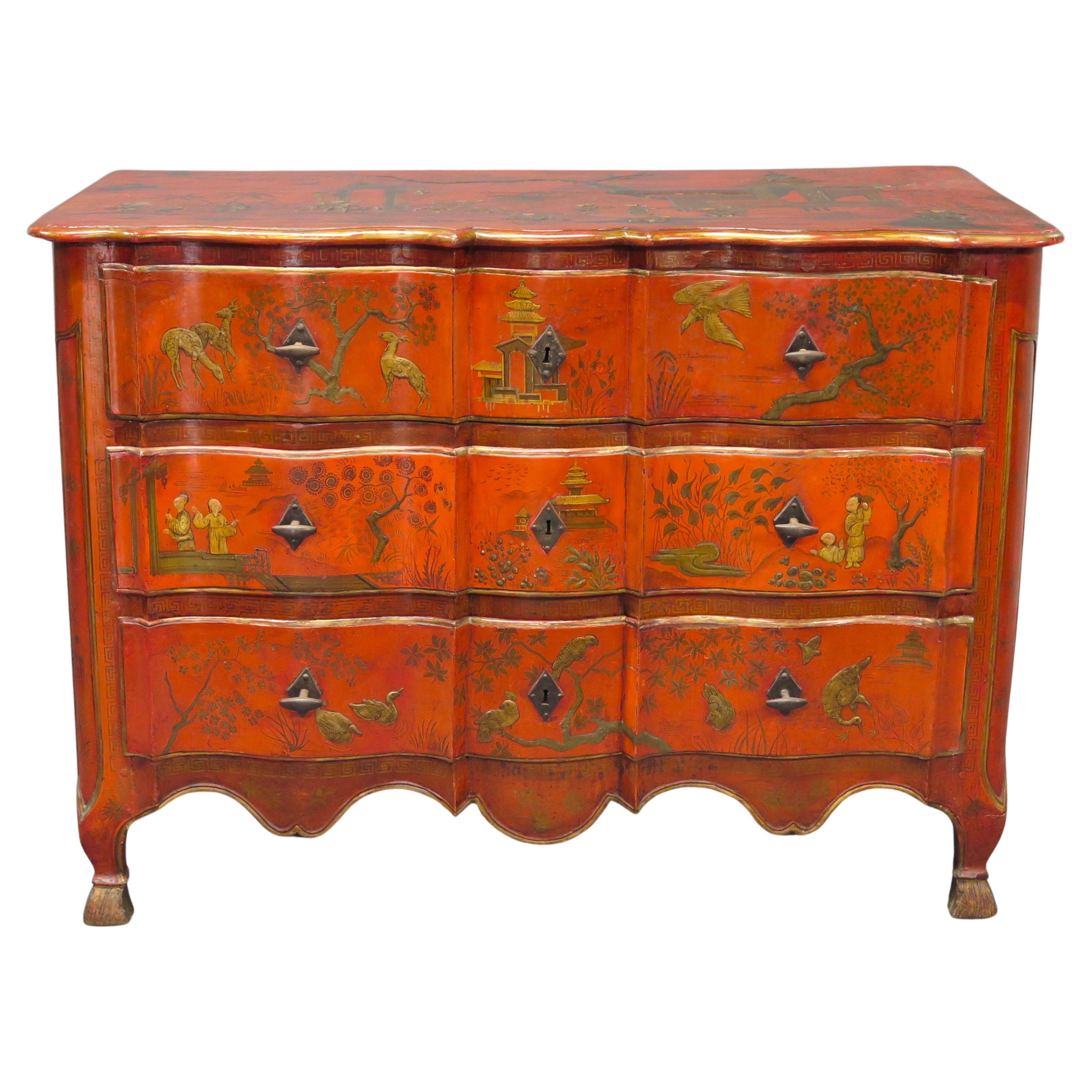Continental Red Chinoiserie Three Drawer Commode For Sale