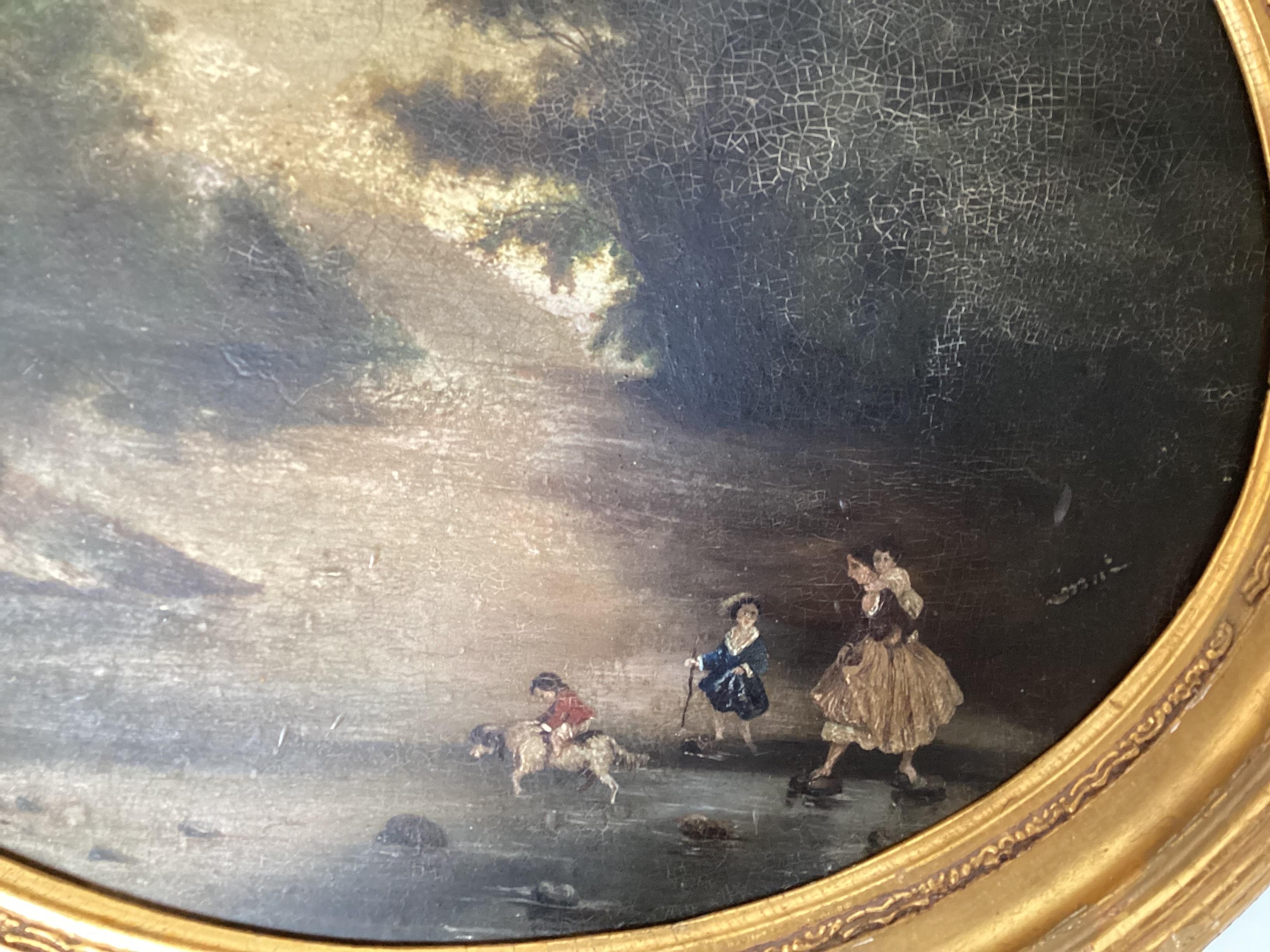A charming European oil on board in original gilt wood frame. The painting depicting a pastoral scene in the perfect gilt wood frame Craquelure to the surface overall, with minor paint loss. The frame with light wear. 21 inches wide, 18 inches high.