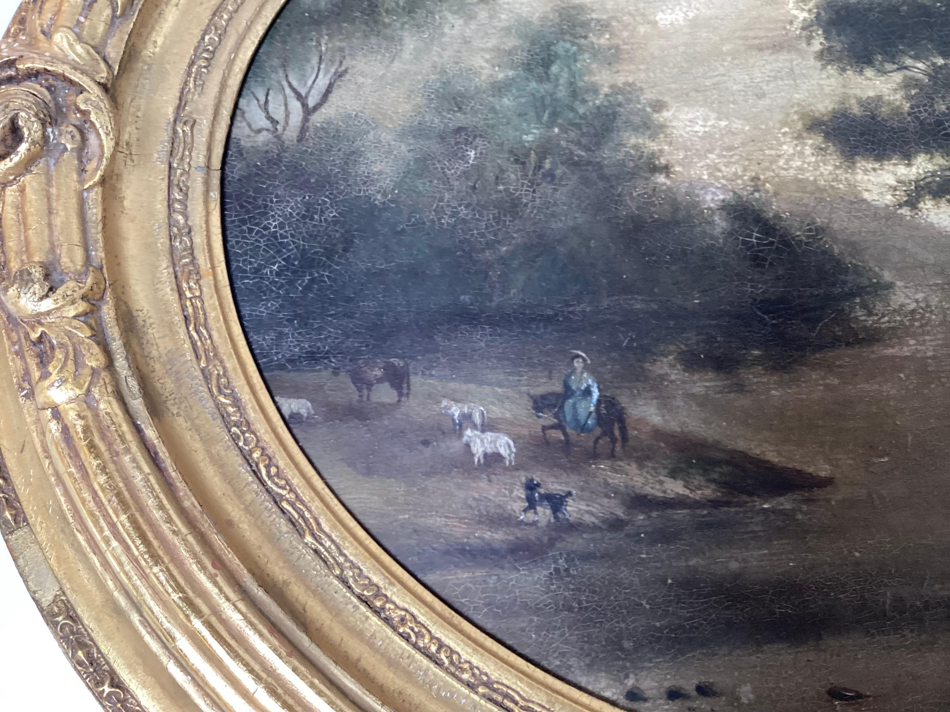 Continental School Folk Art Oil on Board Landscape with Figures, 18th / 19th C In Good Condition For Sale In Lambertville, NJ