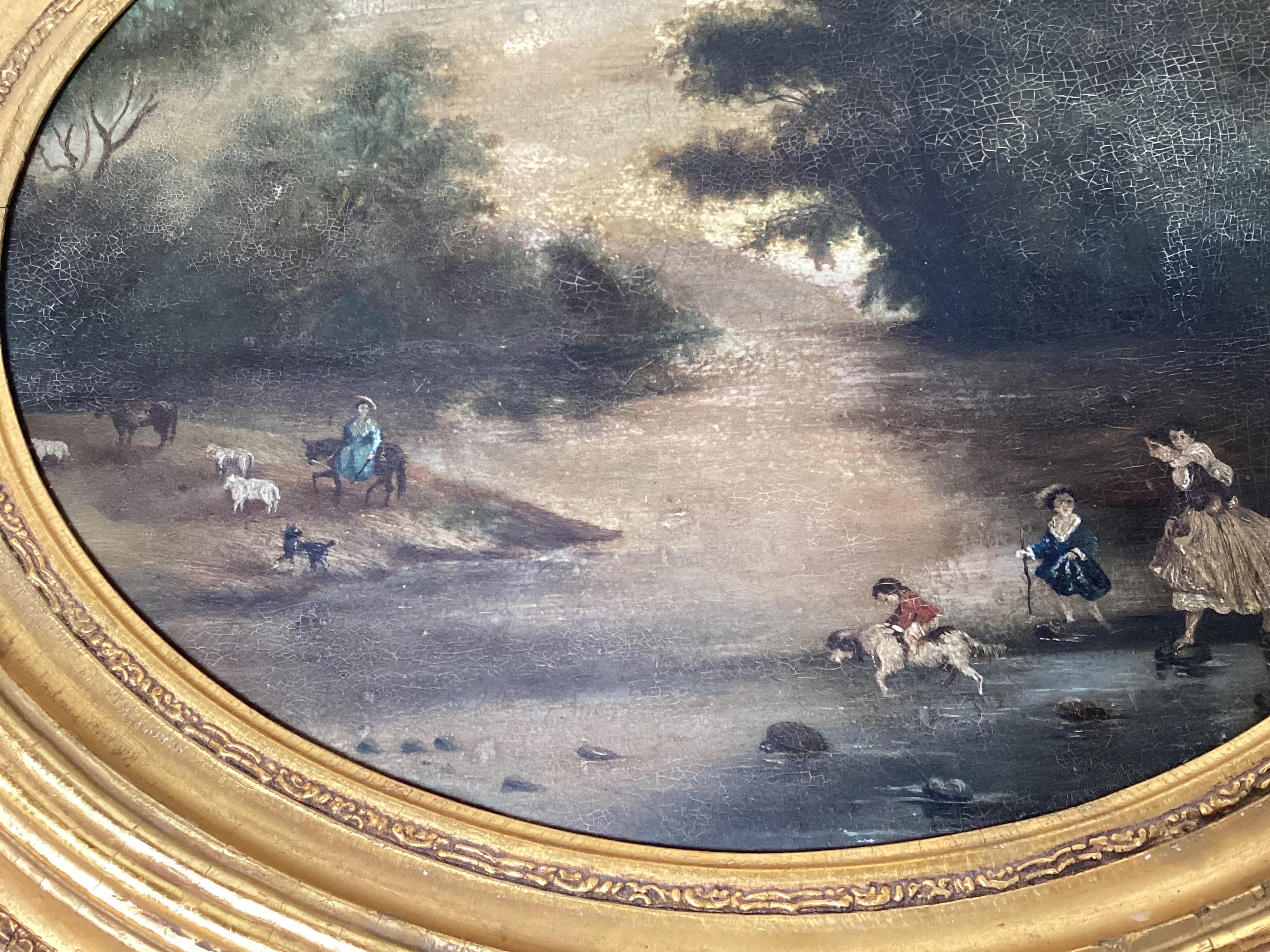 19th Century Continental School Folk Art Oil on Board Landscape with Figures, 18th / 19th C For Sale