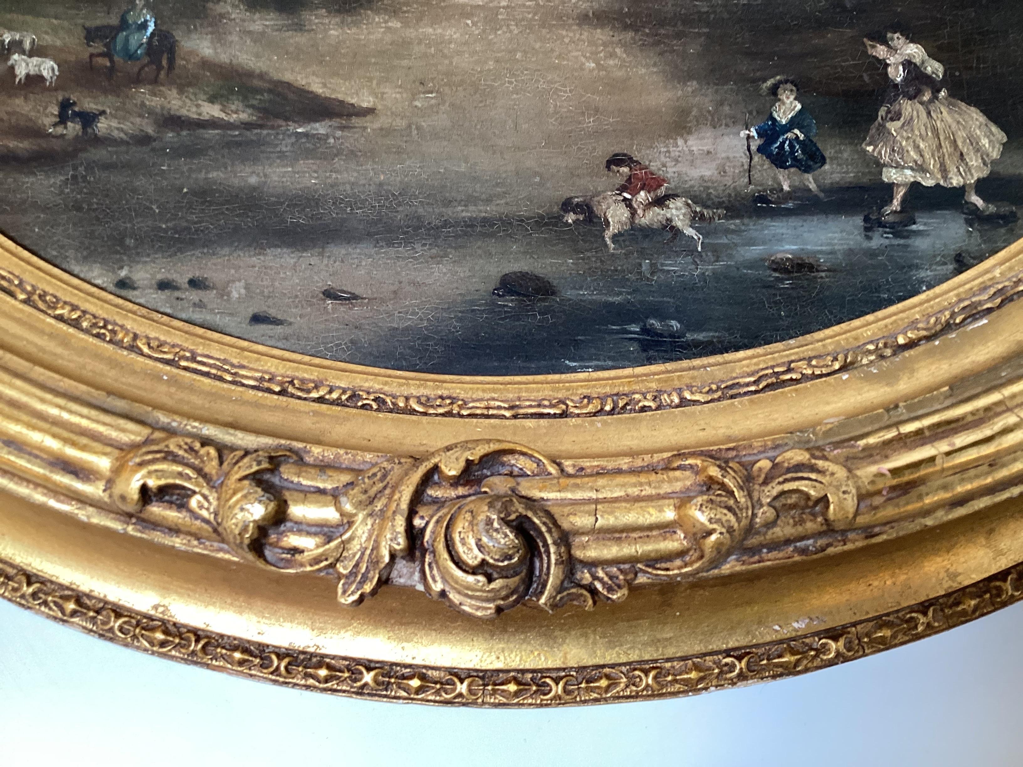 Giltwood Continental School Folk Art Oil on Board Landscape with Figures, 18th / 19th C For Sale