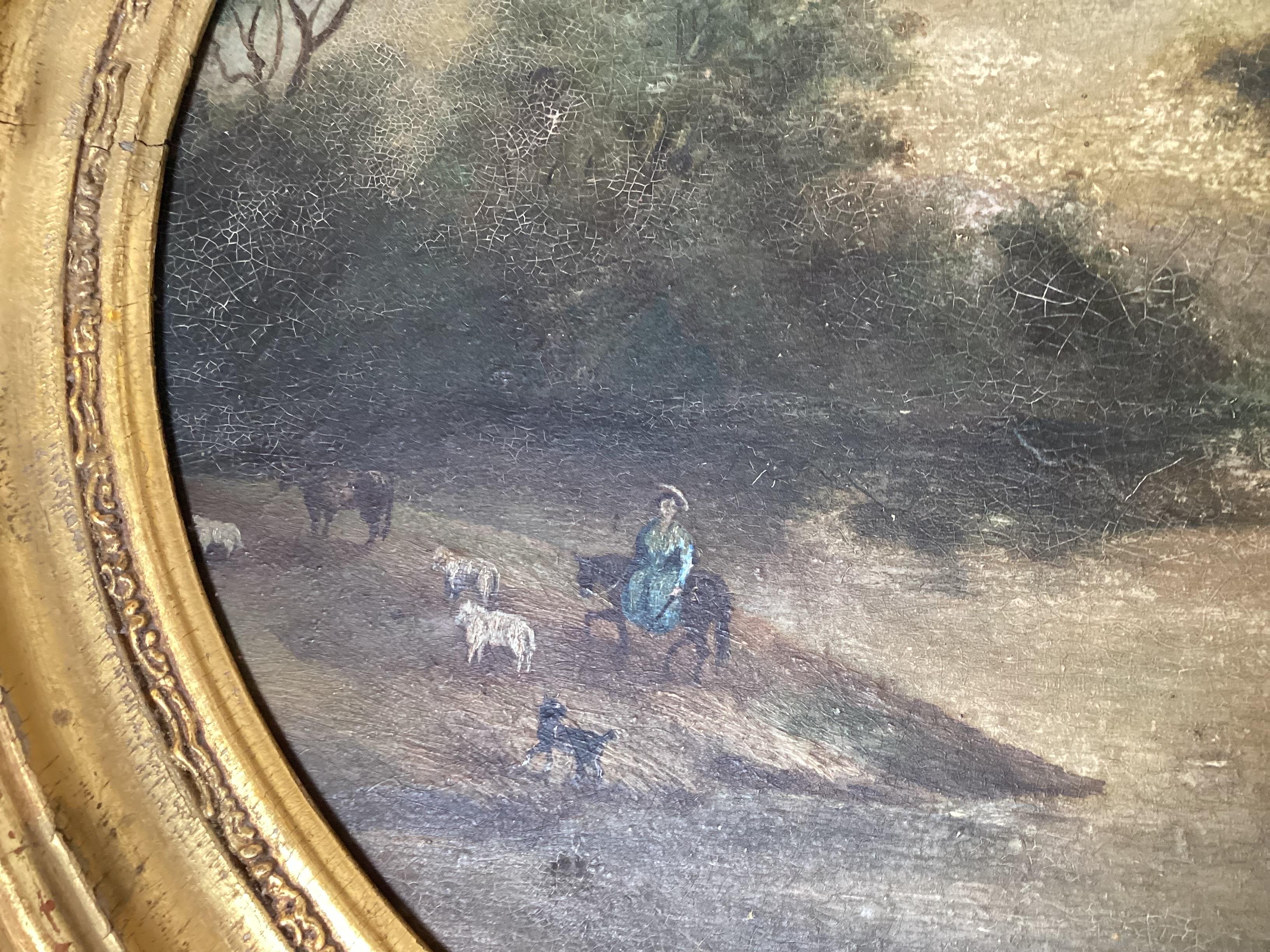 Continental School Folk Art Oil on Board Landscape with Figures, 18th / 19th C For Sale 2