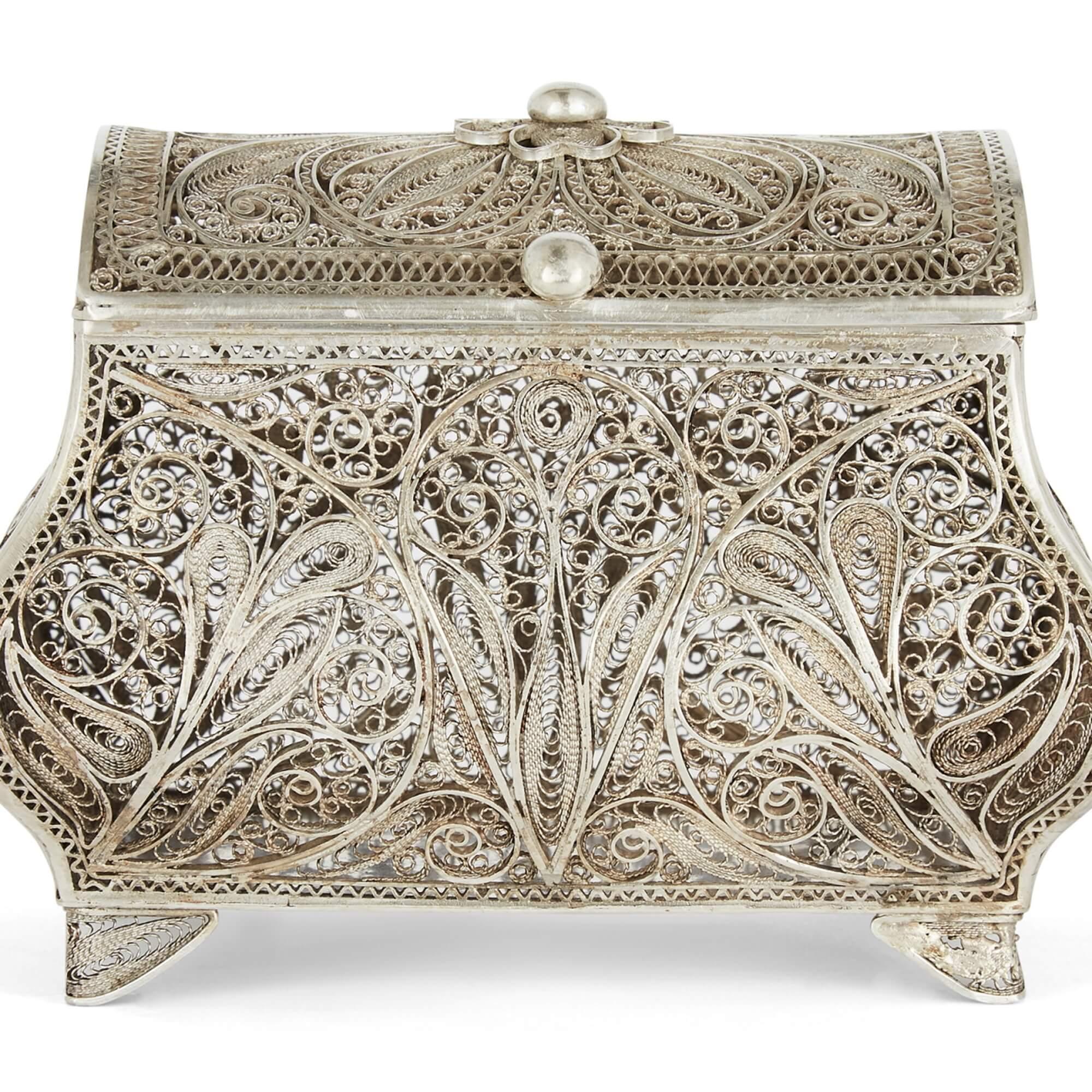 European Continental Silver Filigree Decorative Flower Box For Sale