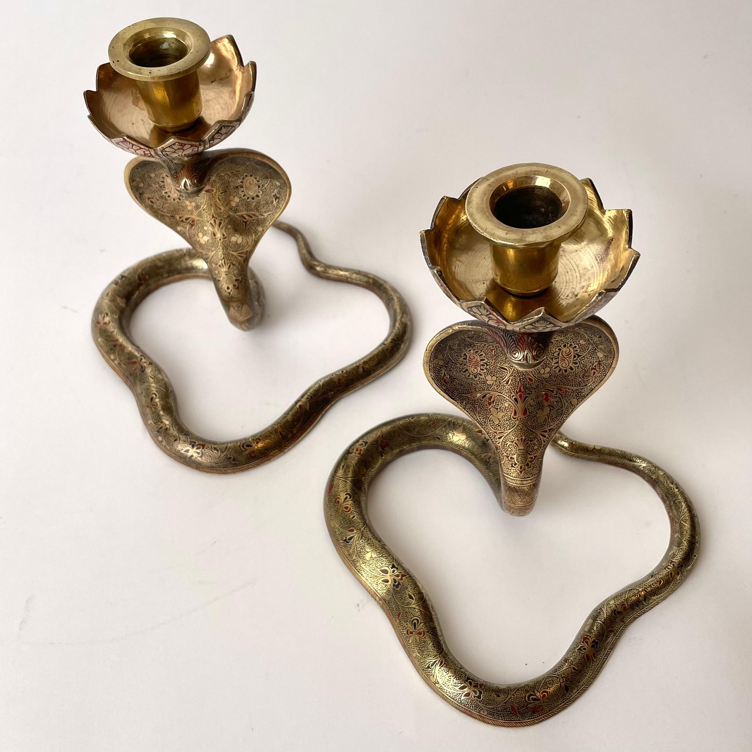 Art Deco Cool Pair of Brass Cobra Candlesticks from the 1930s