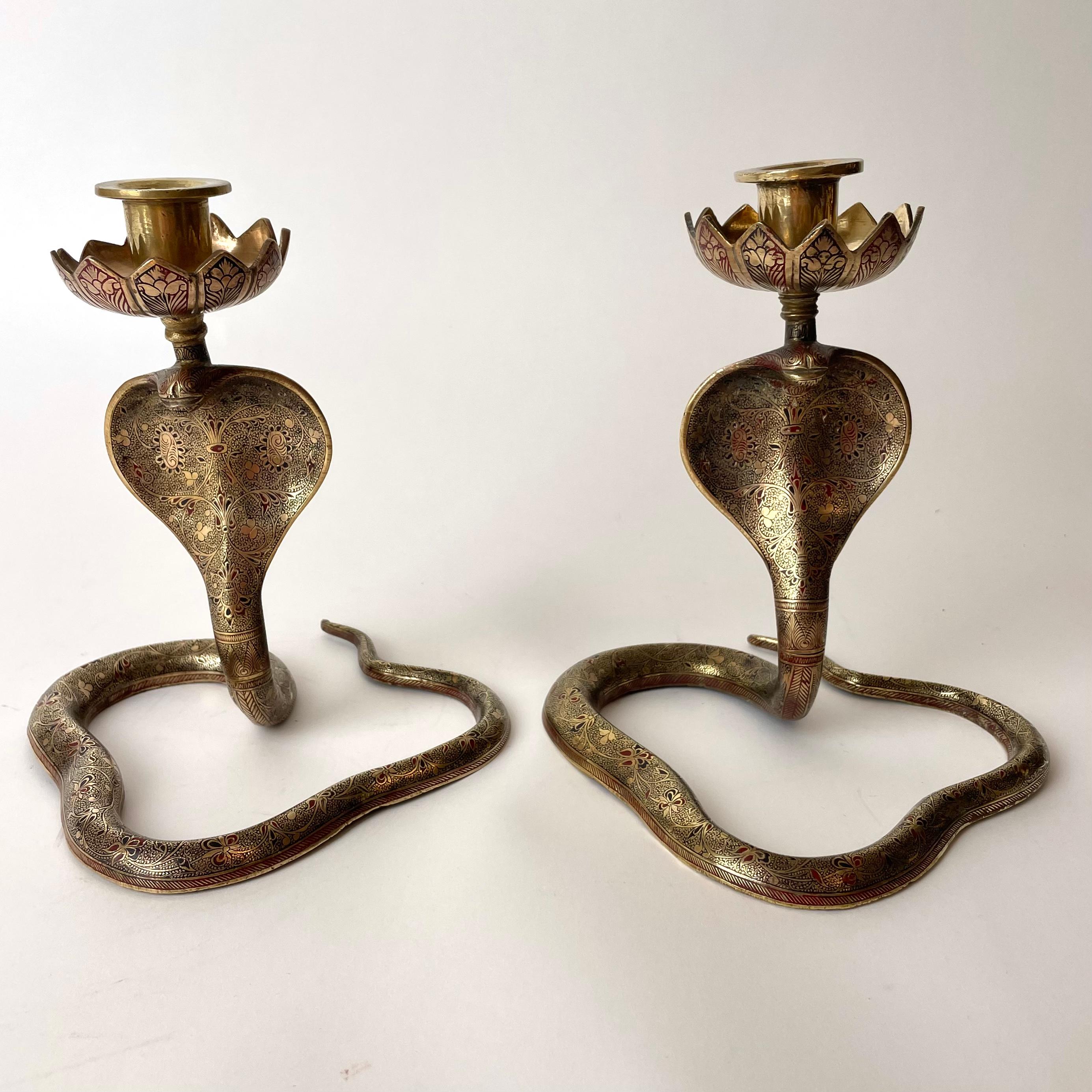 Indian Cool Pair of Brass Cobra Candlesticks from the 1930s