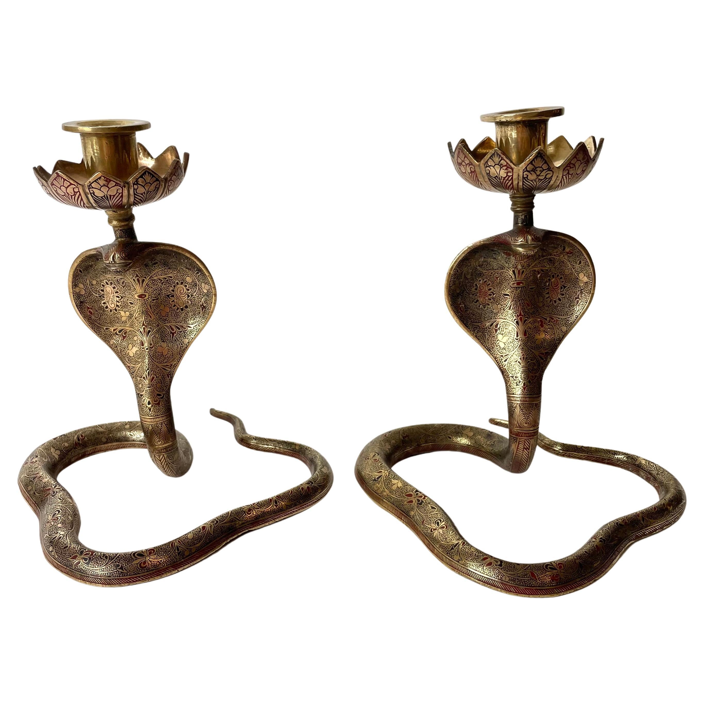 Cool Pair of Brass Cobra Candlesticks from the 1930s