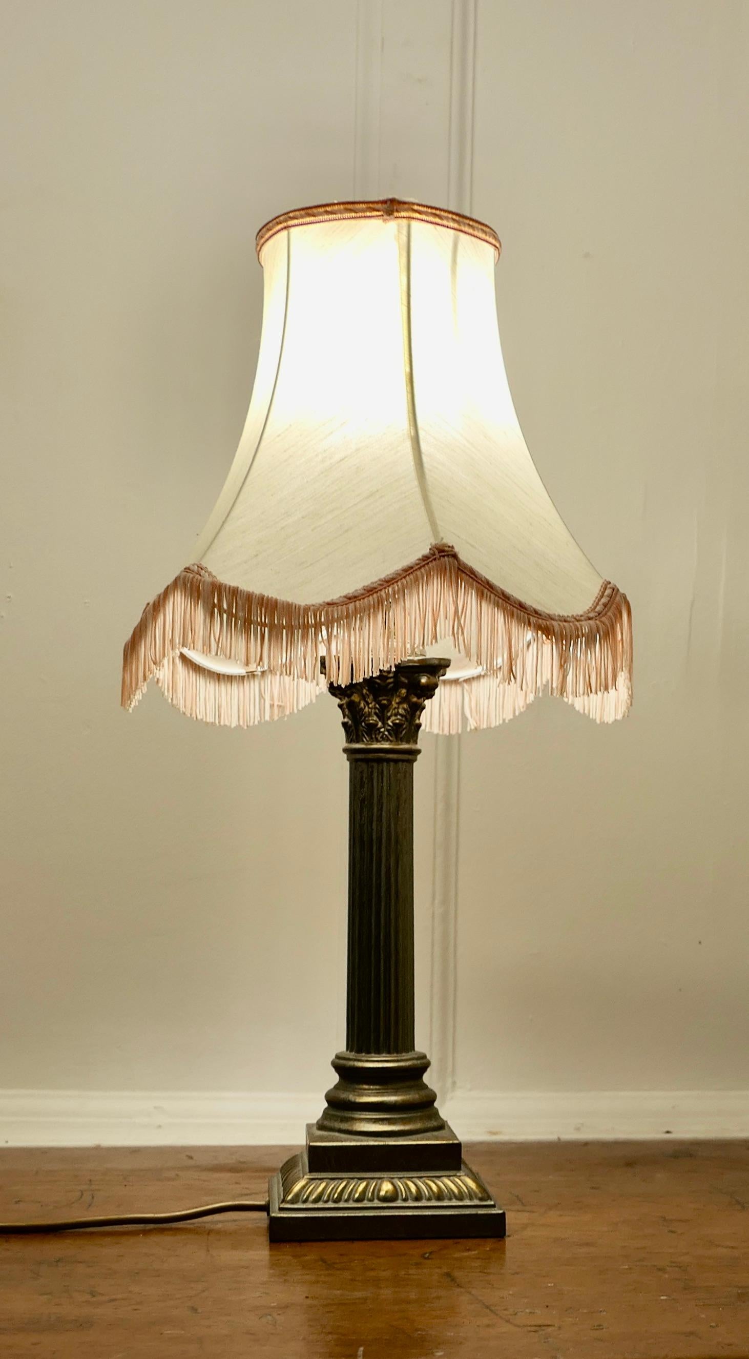 Early 20th Century A Copper Effect Corinthian Column Table Lamp with Shade    For Sale