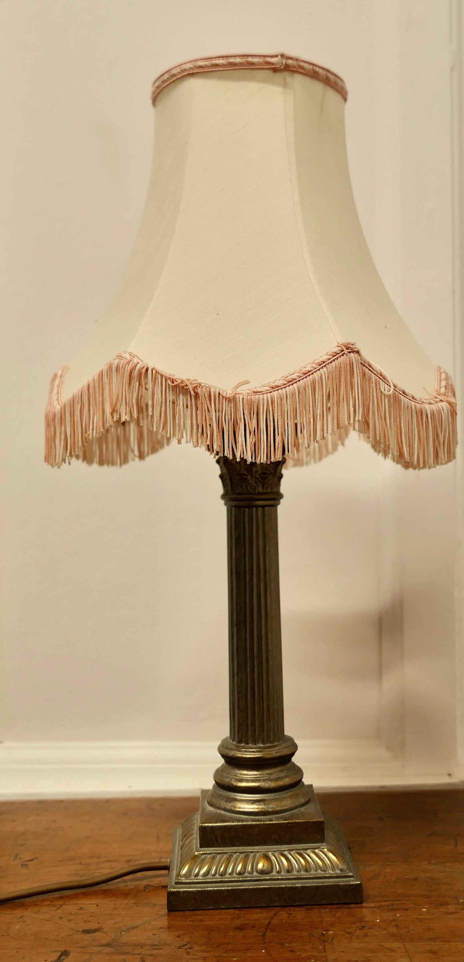 A Copper Effect Corinthian Column Table Lamp with Shade    For Sale 1
