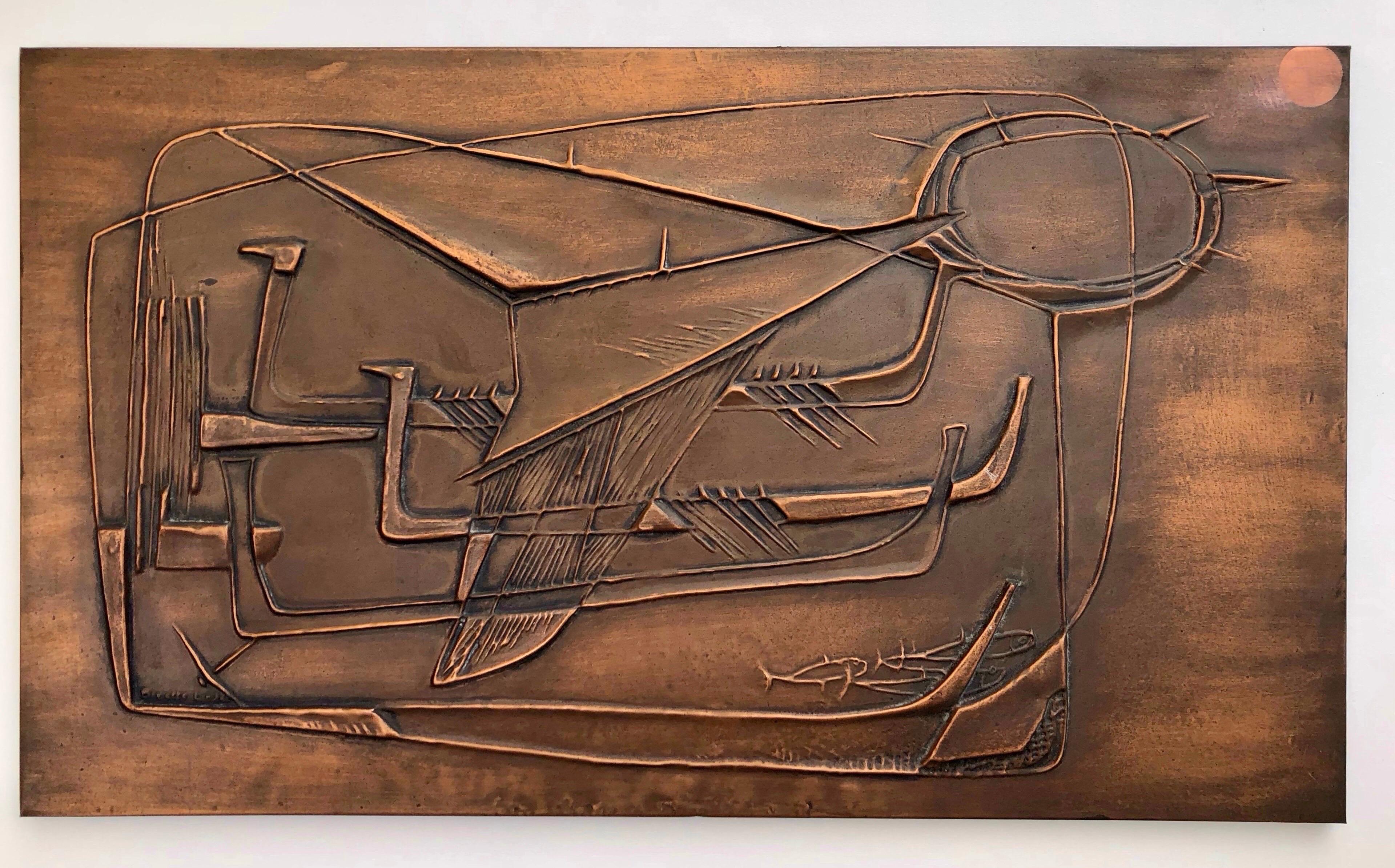 Fine XX secolo Un pannello di rame del 1978, raffigurante navi vichinghe - André Bizette-Lindet 1978 in vendita