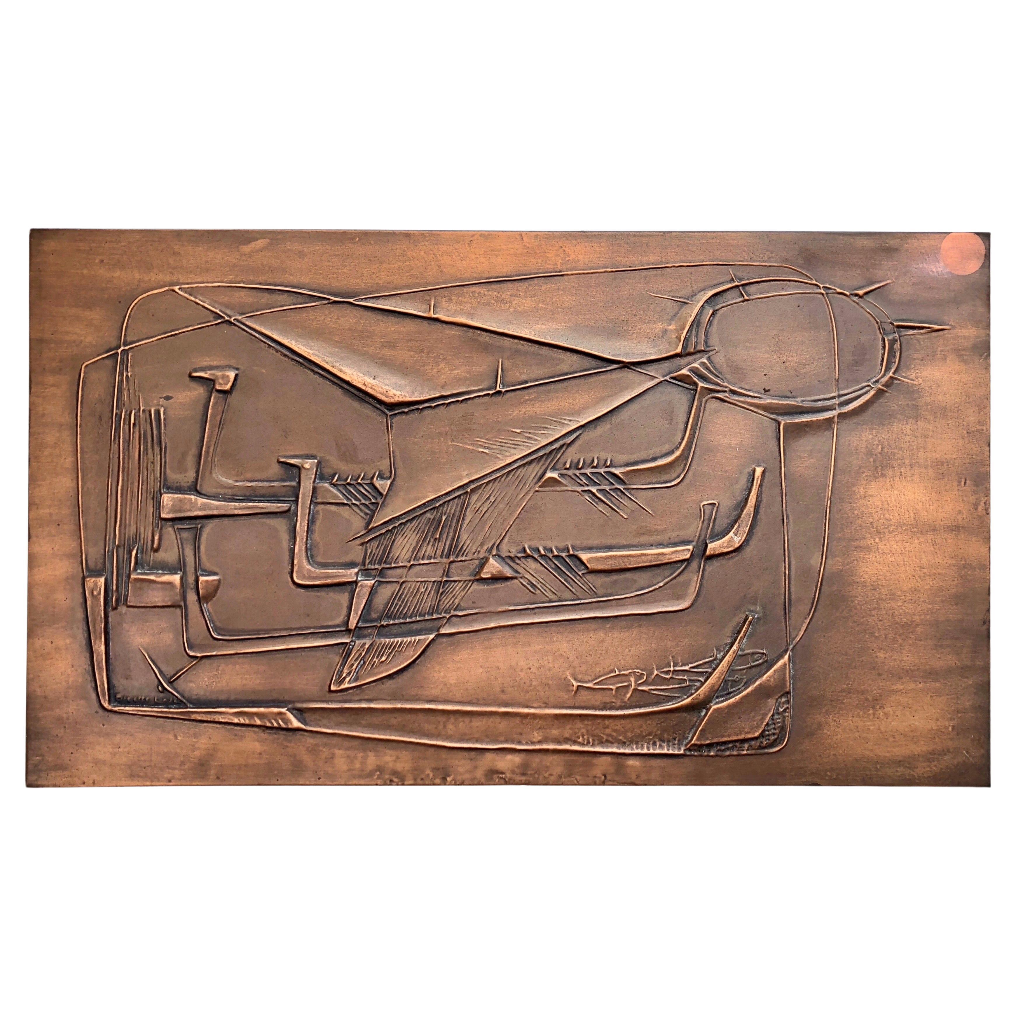 Un pannello di rame del 1978, raffigurante navi vichinghe - André Bizette-Lindet 1978 in vendita