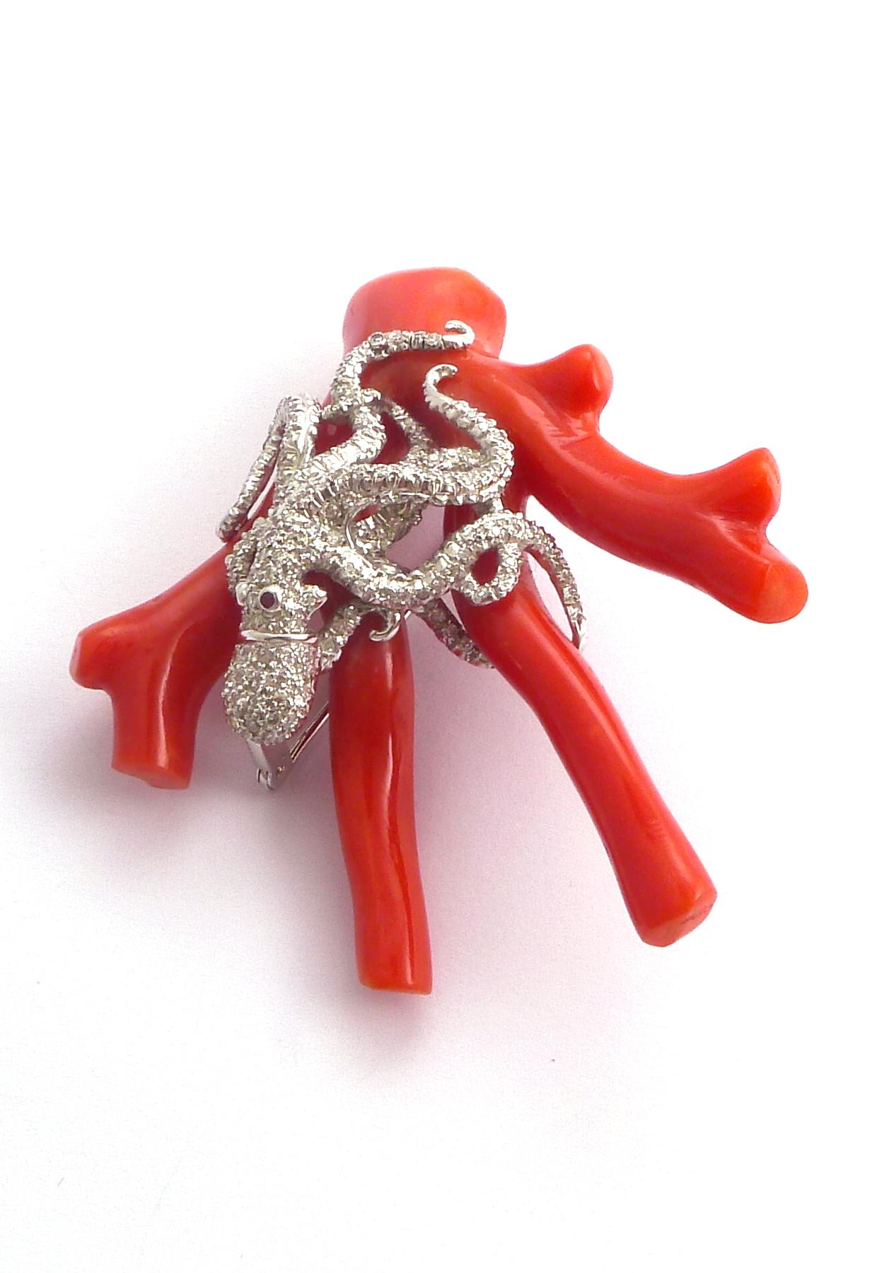 Art Deco Coral and Diamond Brooch Set in Platinum For Sale