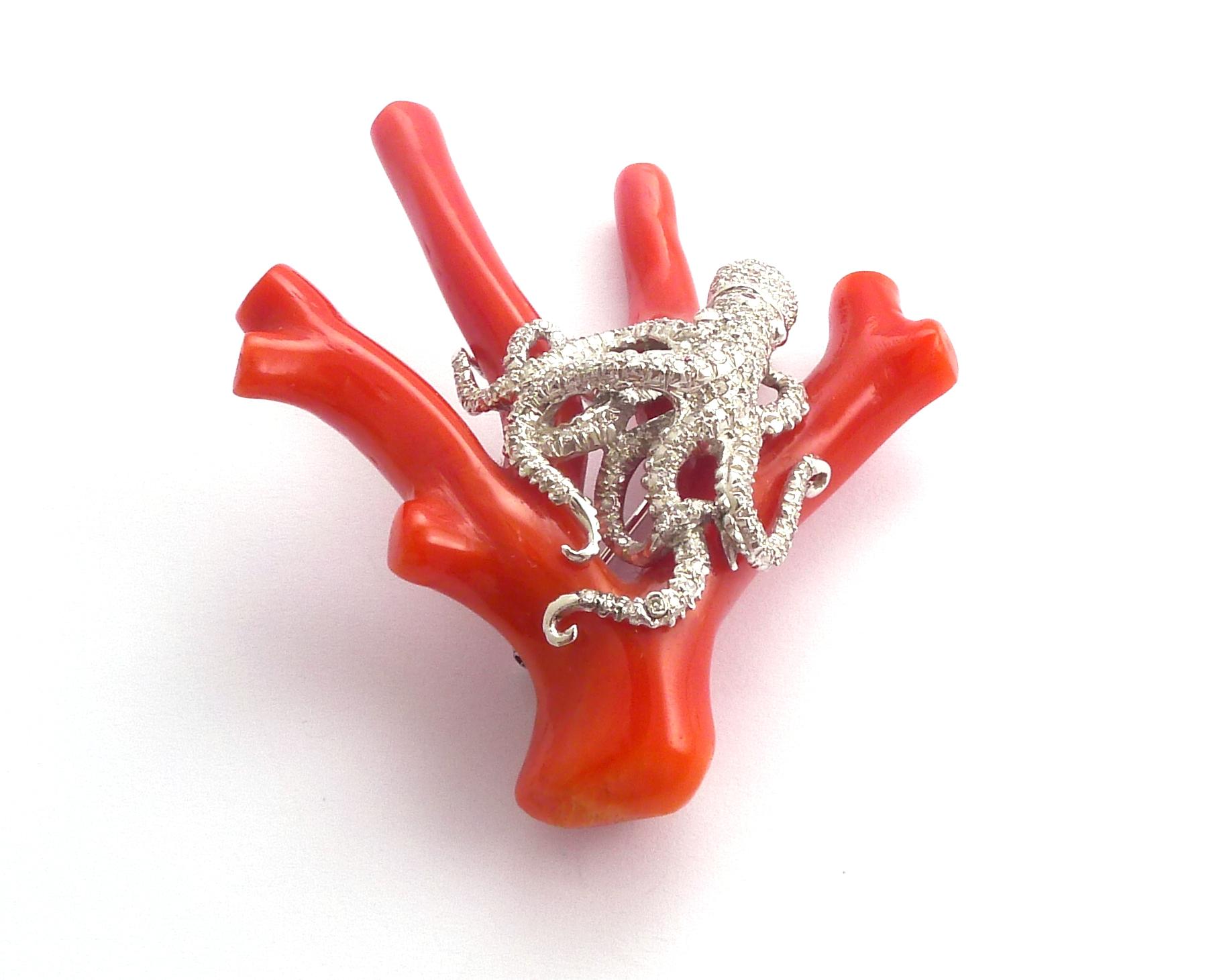 Women's or Men's Coral and Diamond Brooch Set in Platinum For Sale