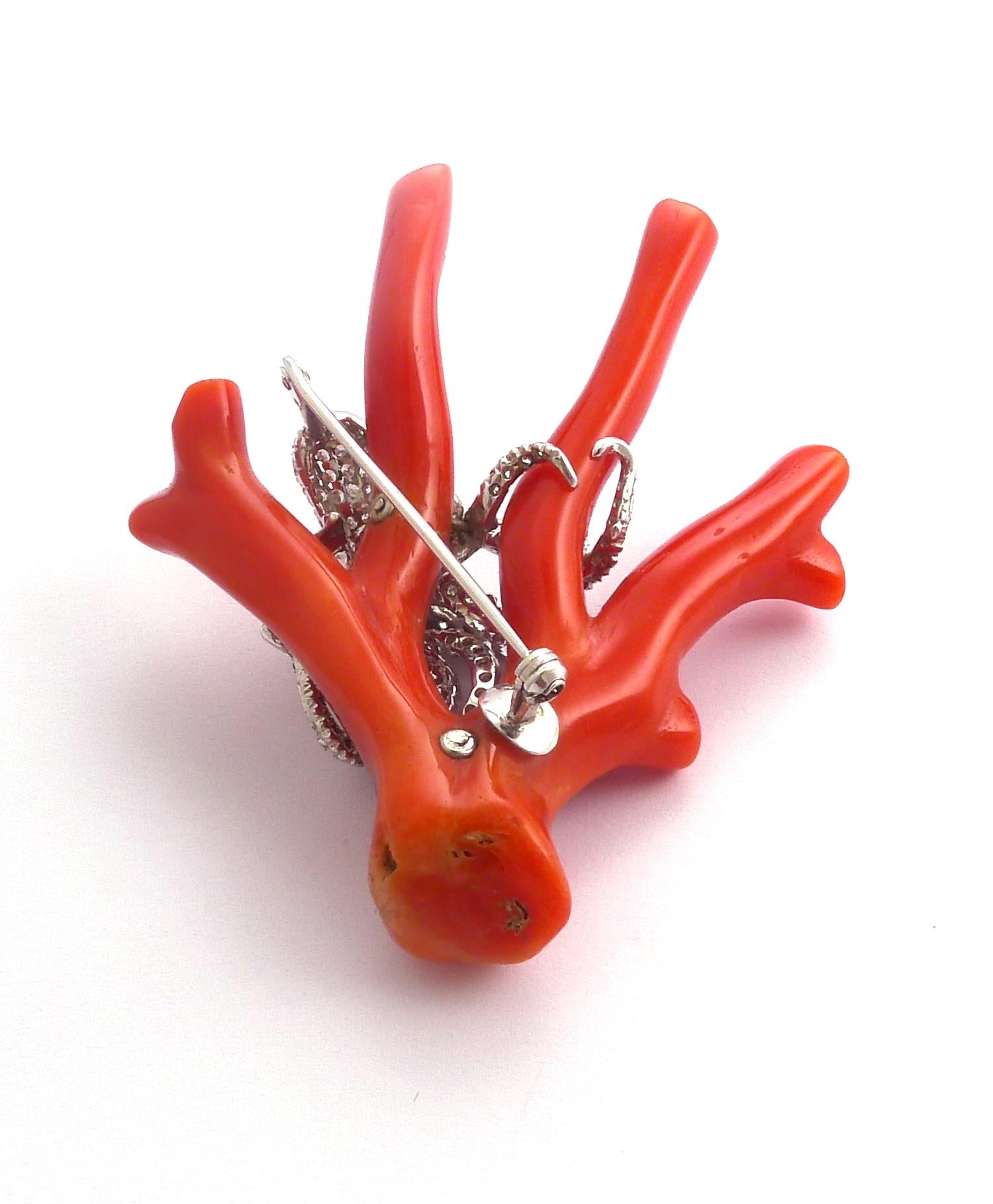 Coral and Diamond Brooch Set in Platinum For Sale 1
