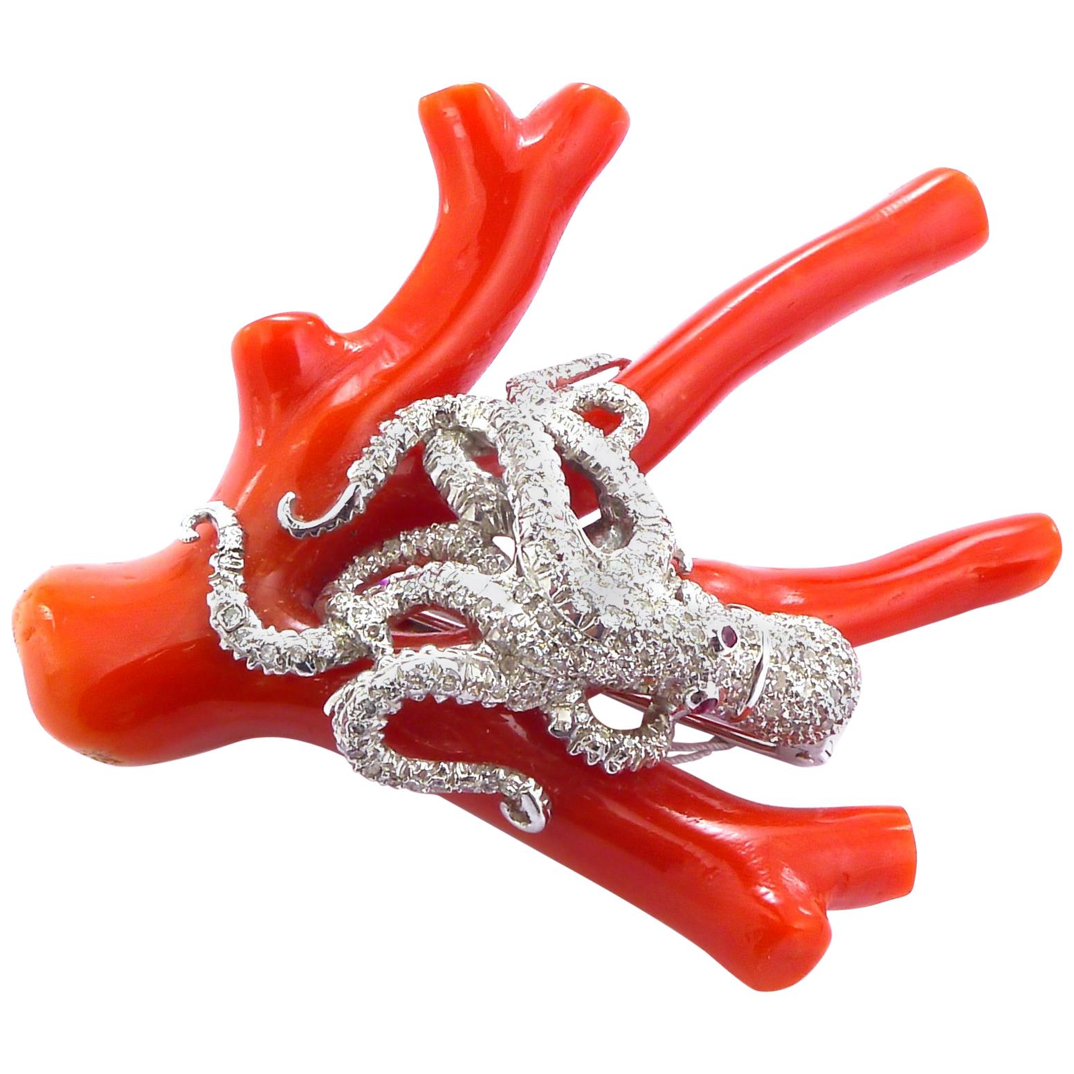 Coral and Diamond Brooch Set in Platinum For Sale