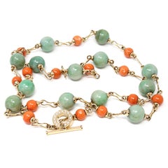 Coral and Jadeite Jade Station Necklace, 18 Karat Yellow Gold by Rosaria Varra
