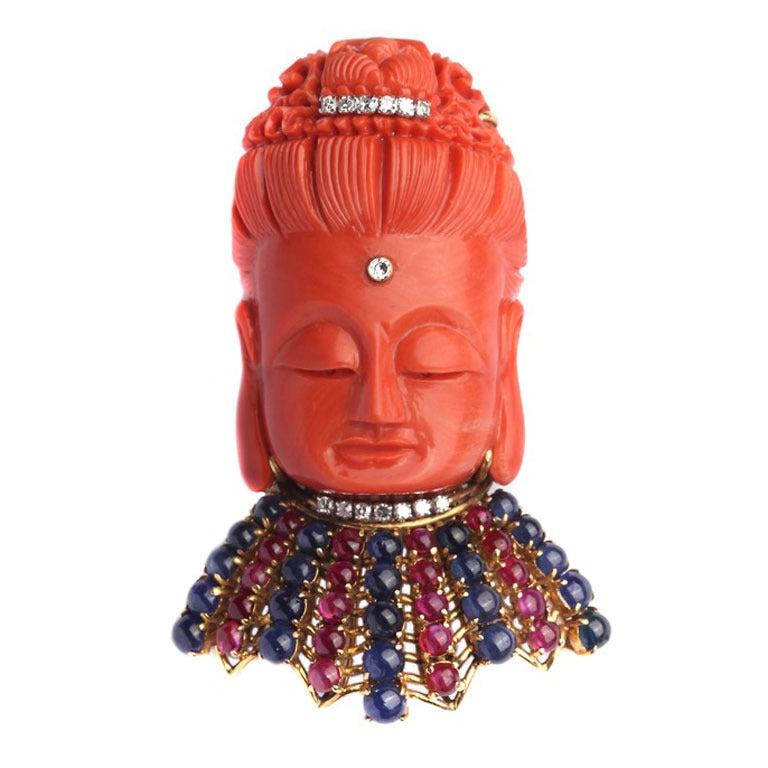 A Coral and Precious Stones Buddha Brooch/Pendant In Excellent Condition In New York, NY