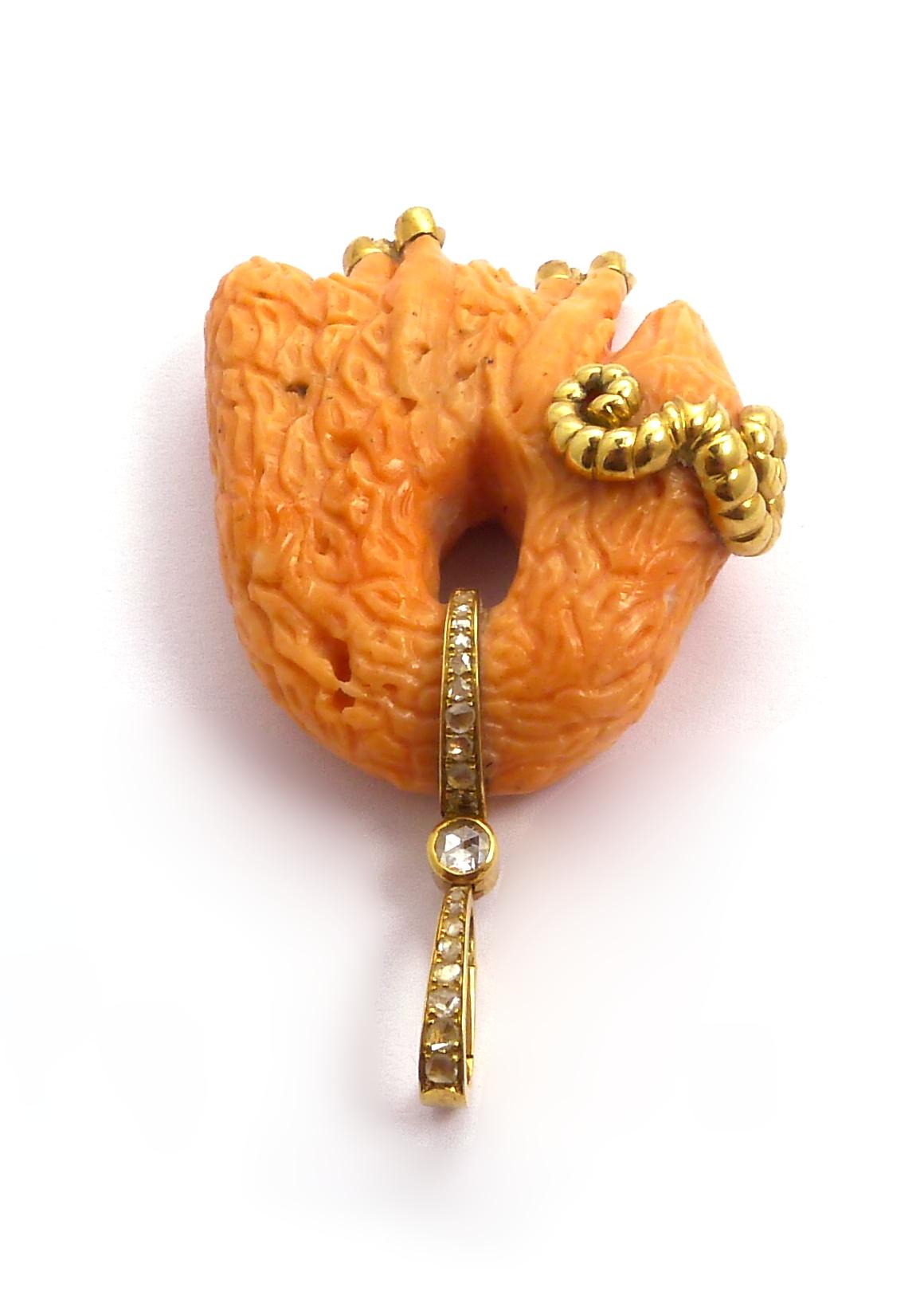 Artisan Coral and Rose Cut Diamond Pendant Set in 18 Karat Yellow Gold For Sale