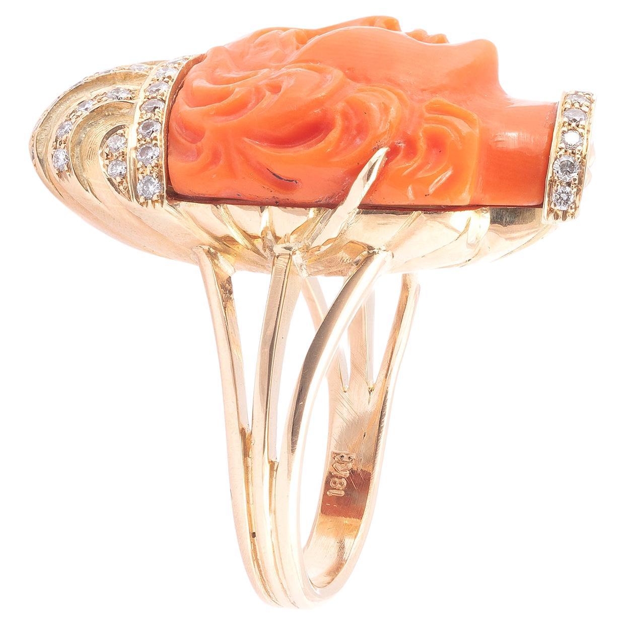 Victorian Coral Cameo and Diamond Cluster Ring
