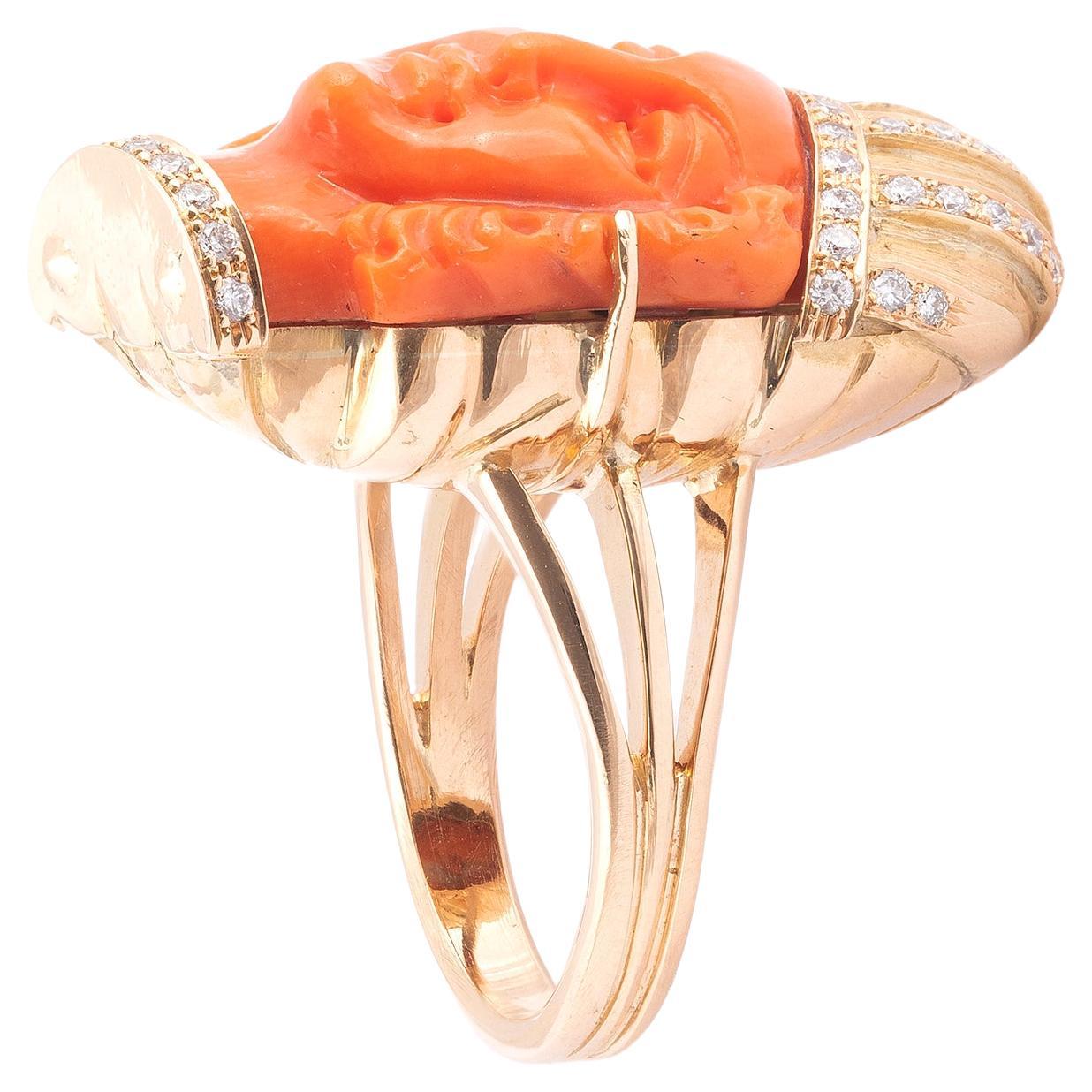Brilliant Cut Coral Cameo and Diamond Cluster Ring