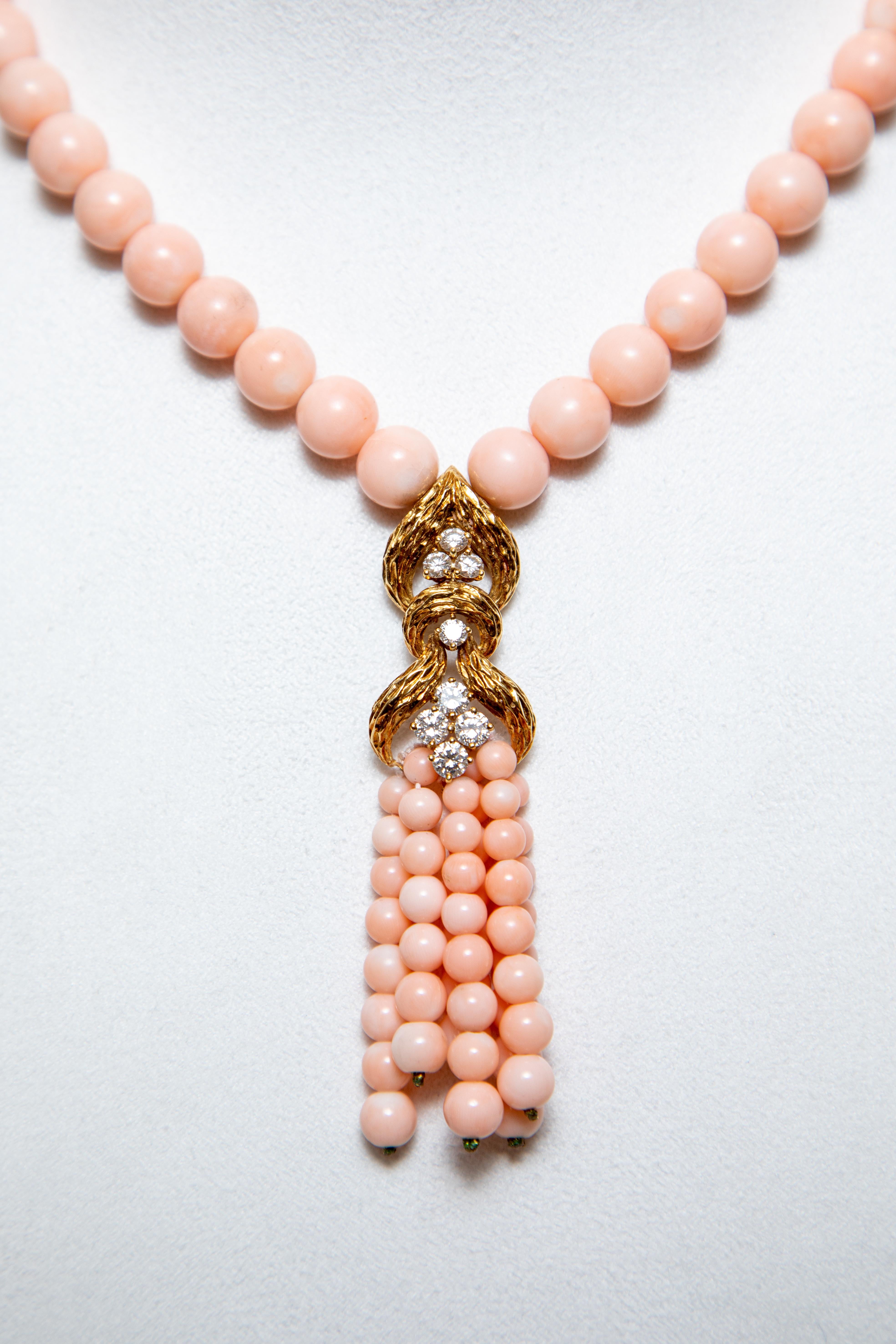 Round Cut Coral, Diamond and 18k Yellow Gold Necklace, by M. Gérard For Sale
