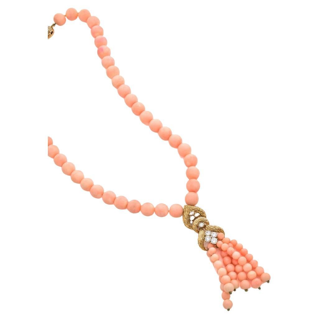 Coral, Diamond and 18k Yellow Gold Necklace, by M. Gérard For Sale