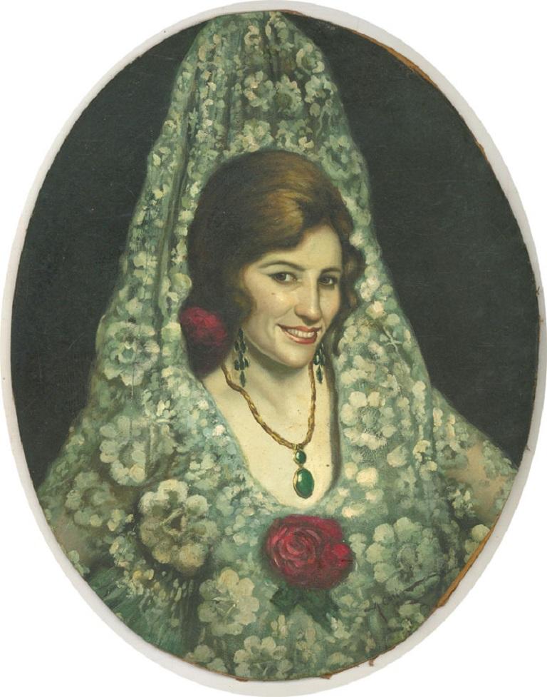 A very fine portrait of a smiling Spanish lady dressed in fine lace, with fresh red flowers in her hair. She wears large green jewels around her neck and ears. The artist has wonderfully captured the sitter with a uniquely animated face. Signed and