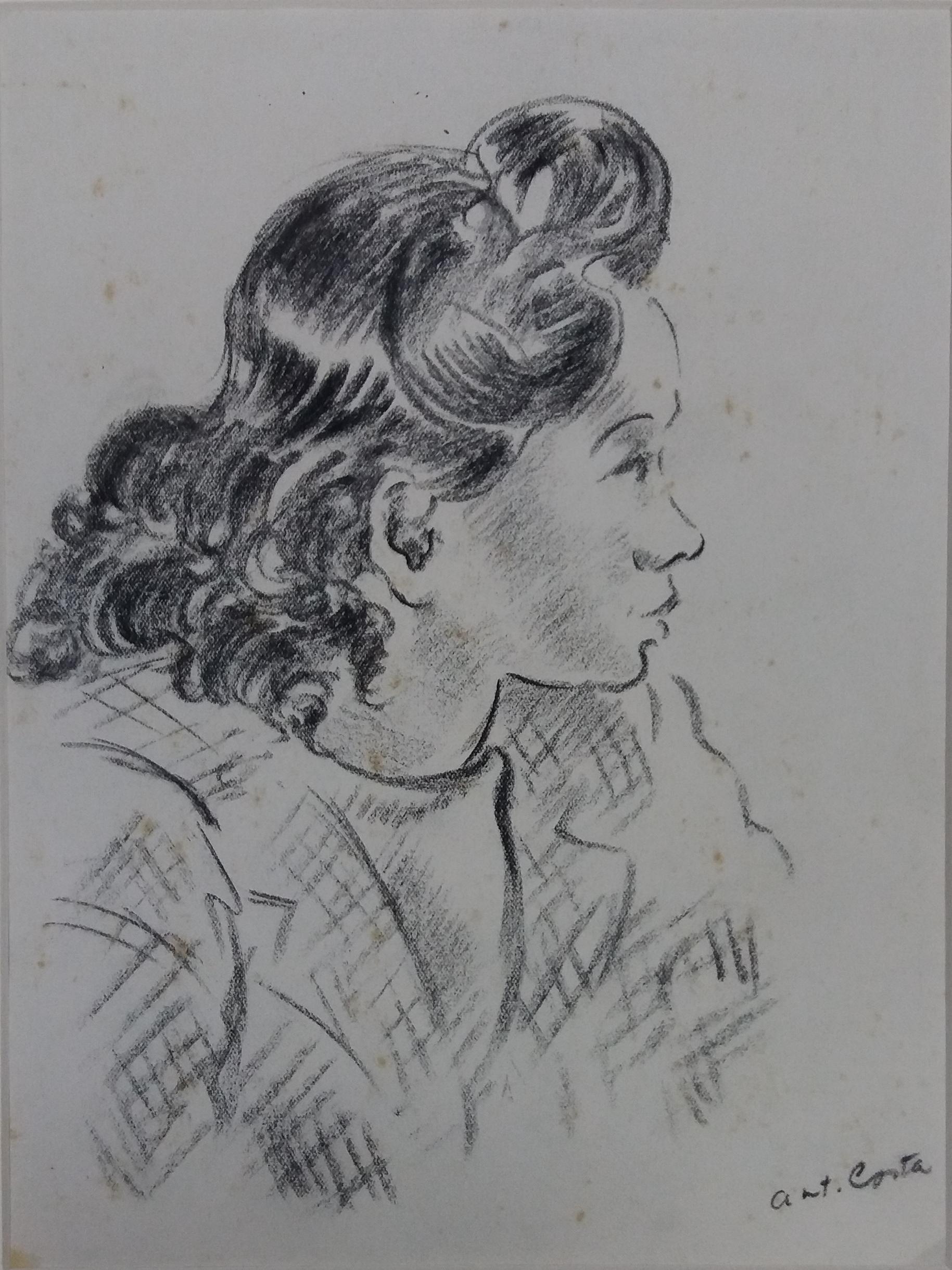 A. Costa  Frau  Originales figuratives akademisches Zeichnungsgemälde