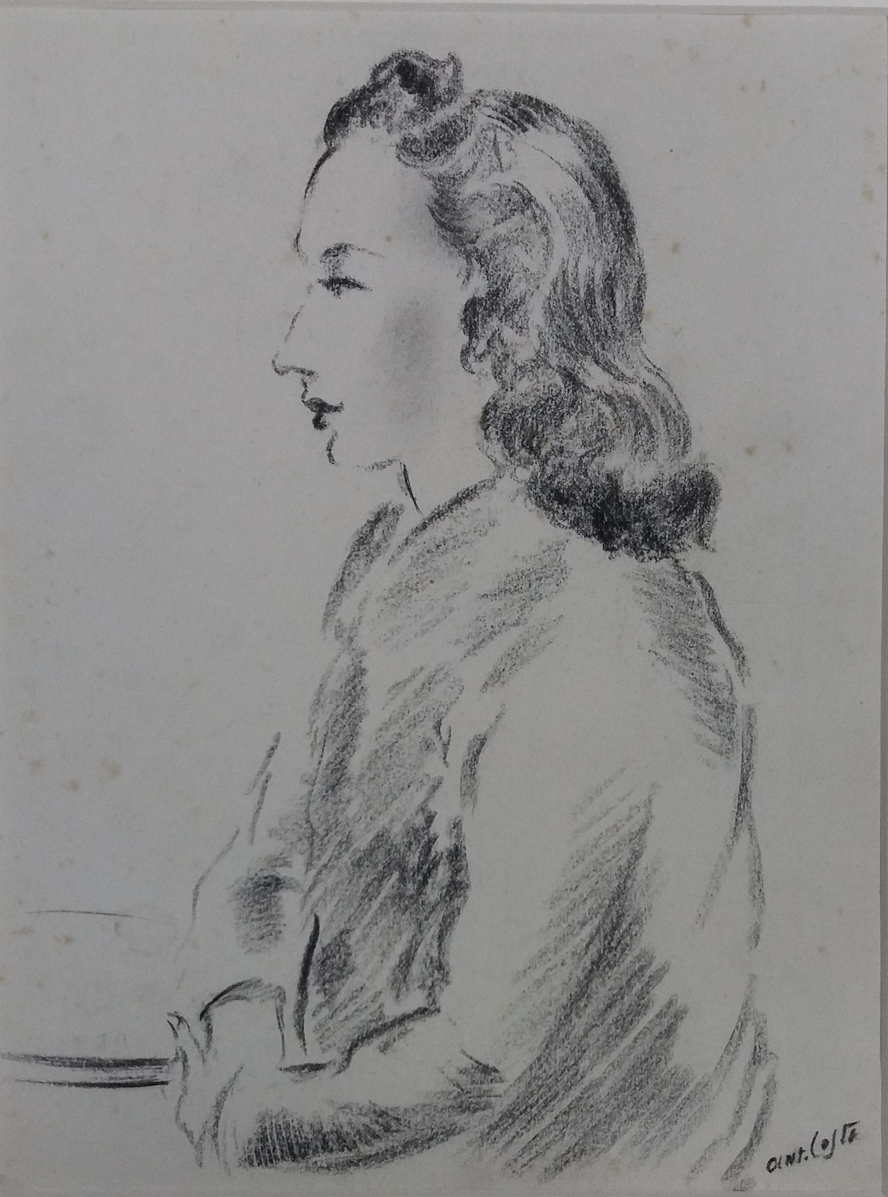 Antoni Costa   Woman. original figurative academician drawing painting - Academic Painting by A. Costa