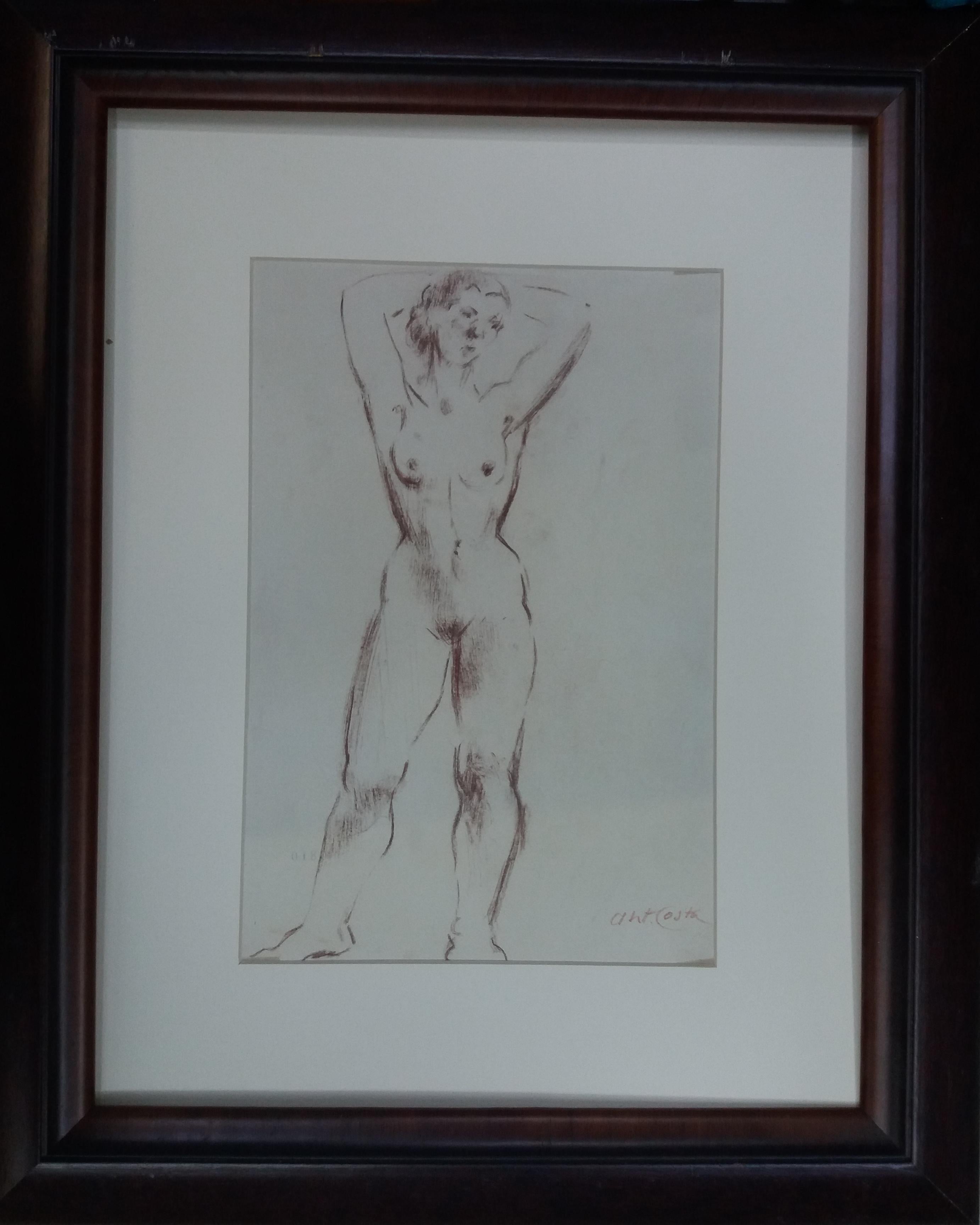 Nude Painting A. Costa - Antoni Costa   Femme. Peinture figurative originale d'un dessin académique