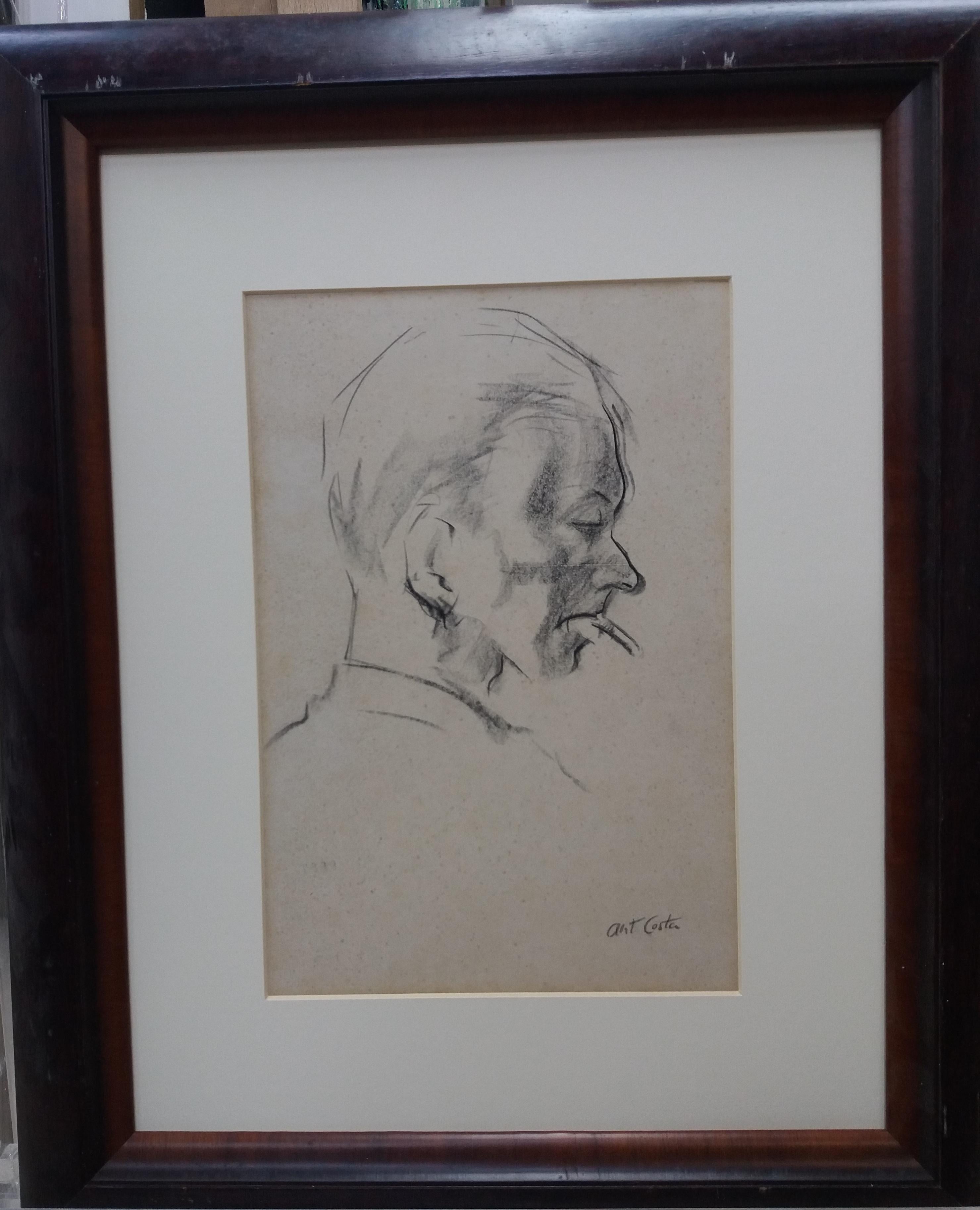 A. Costa Figurative Painting - Man Original Figurative Drawing, Expressionist, Carbon Pencil, 1960s