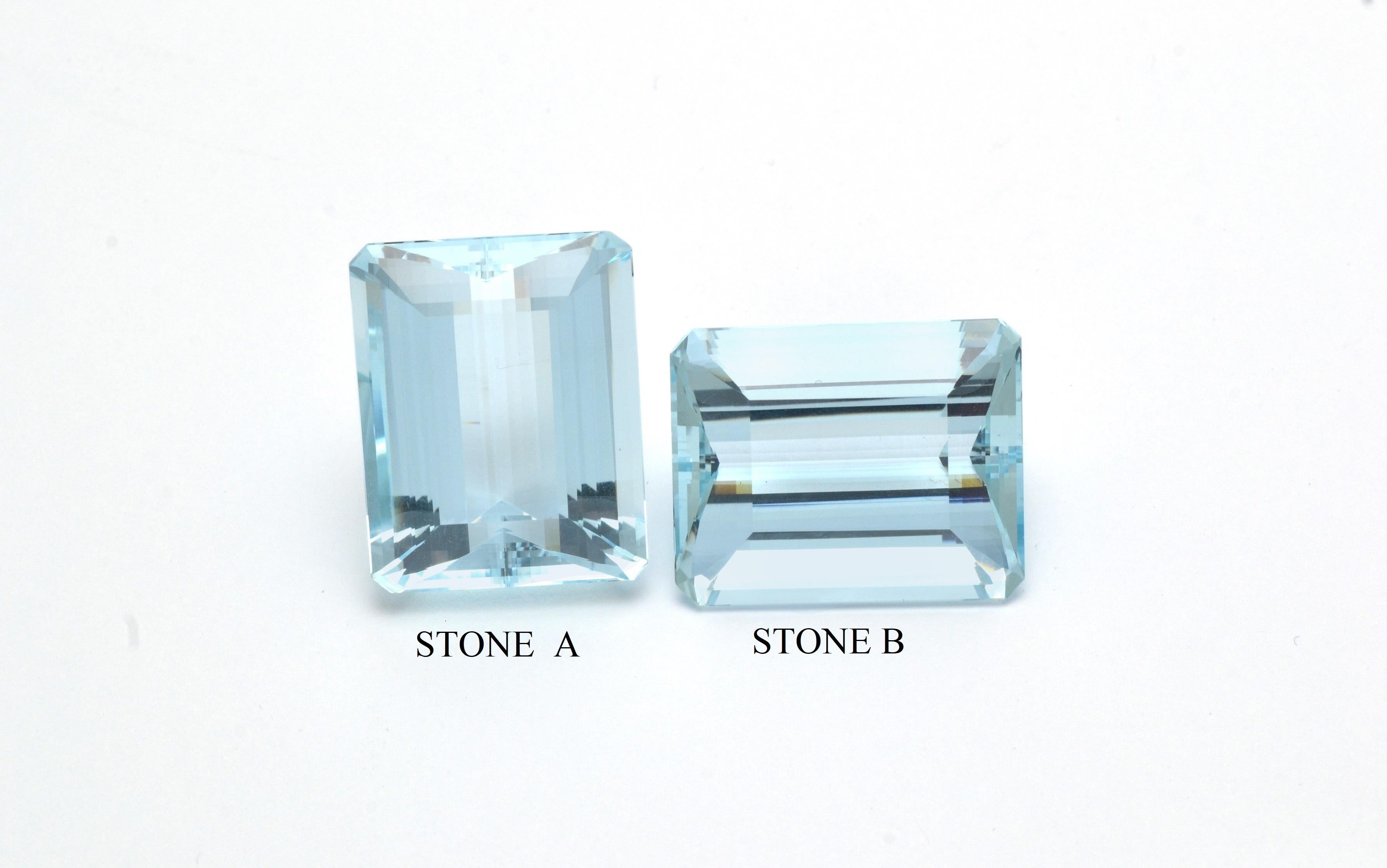 An a pair aquamarine weighing  total carat 99.95, octagonal cut, from Brazil  - Minas Gerais
Our suggestion is to realize a pair of earrings or twin cuffs out of this enchanting matching stones.
Either in gold or titanium. 
Or, simply to have them