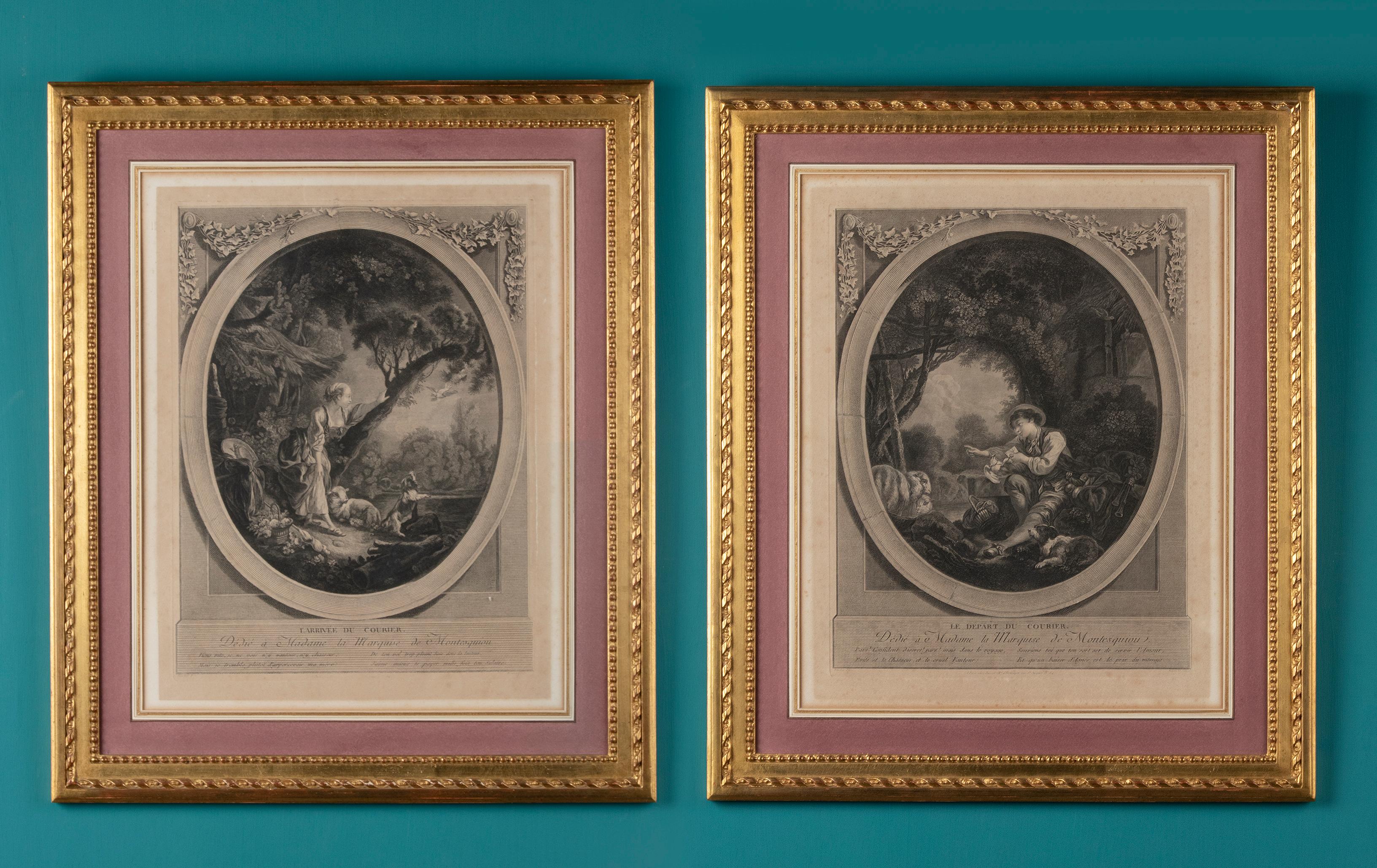 Two very beautiful antique prints with a romantic depiction of a couple in love. The boy sends a carrier pigeon to the girl.
The prints are framed in beautiful wooden gilded frames, carved with a bow motif. The prints are framed behind glass on