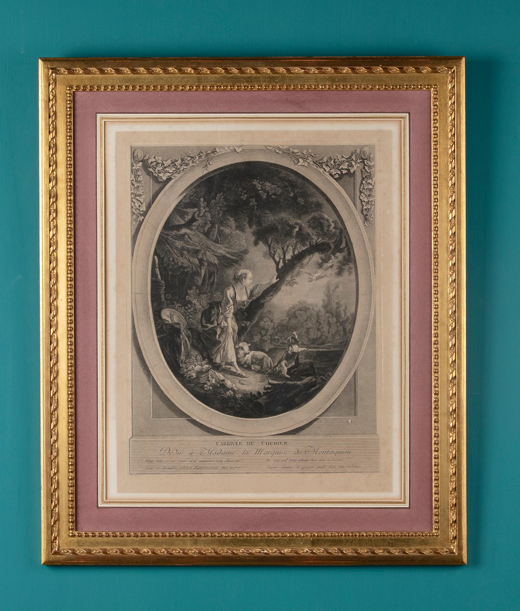 Romantic Couple of 19th Century French Engravings in Gilt Frames