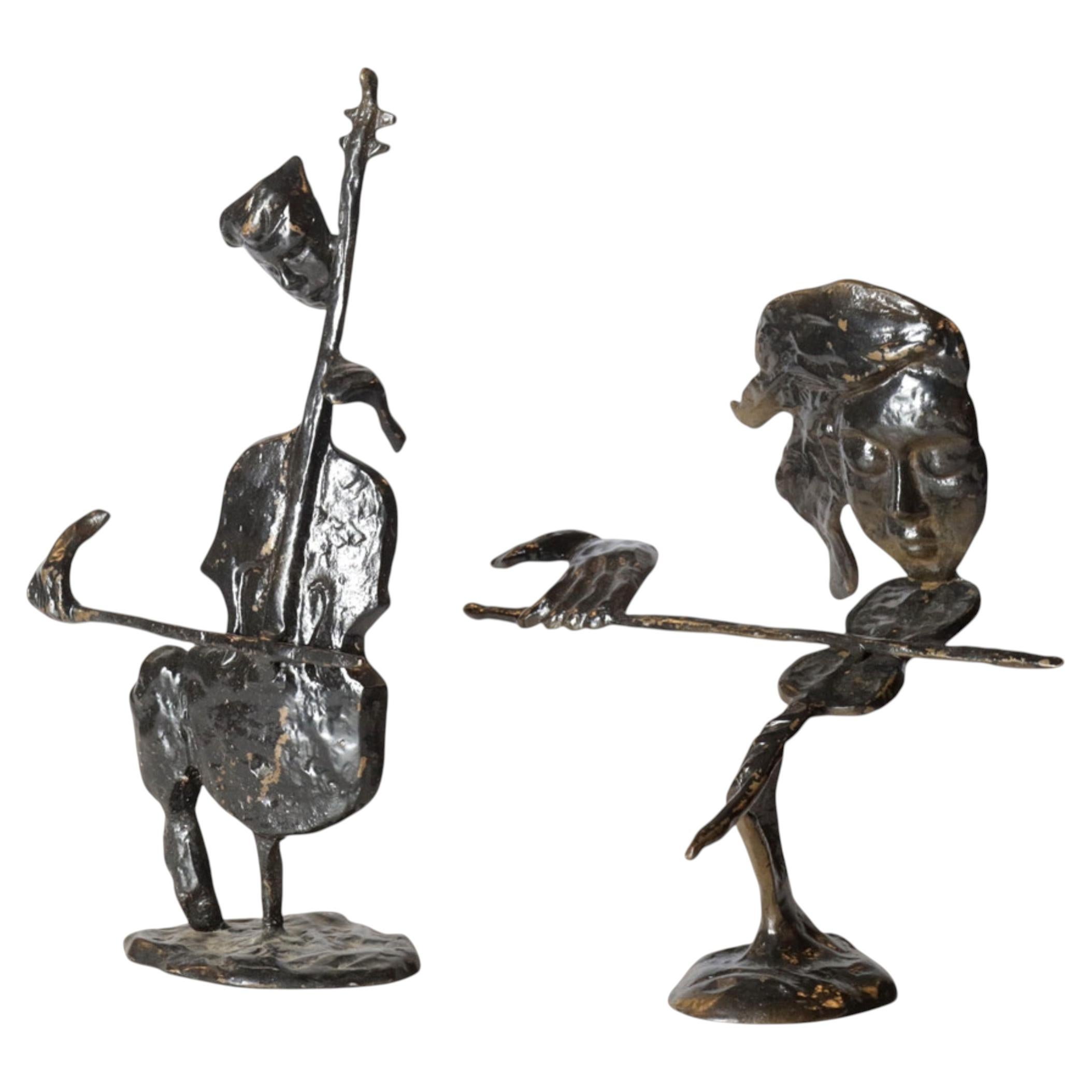 A Couple of Antique Decorative Figurine Two Metal Musician Sculptures Home Decor