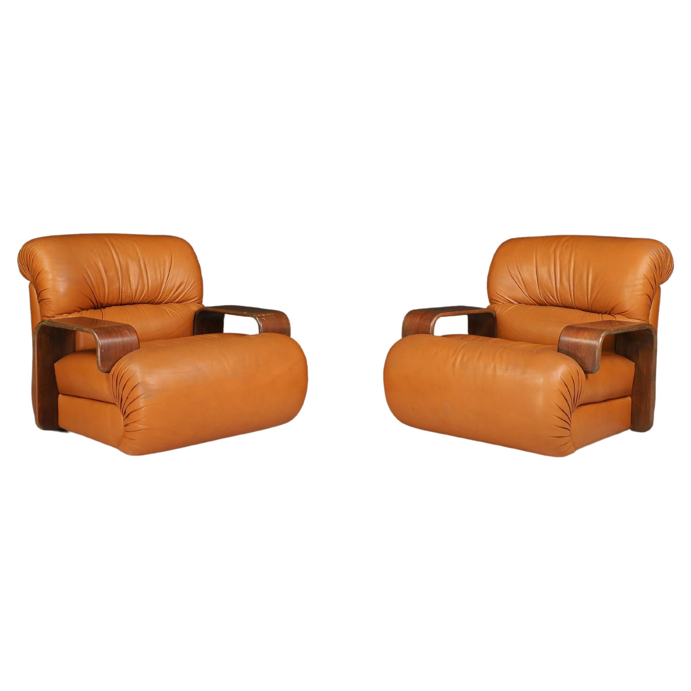 A couple of Lounge Chairs in Bentwood and Cognac Leather, Italy 1970   For Sale
