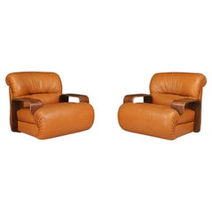 A couple of Lounge Chairs in Bentwood and Cognac Leather, Italy 1970  