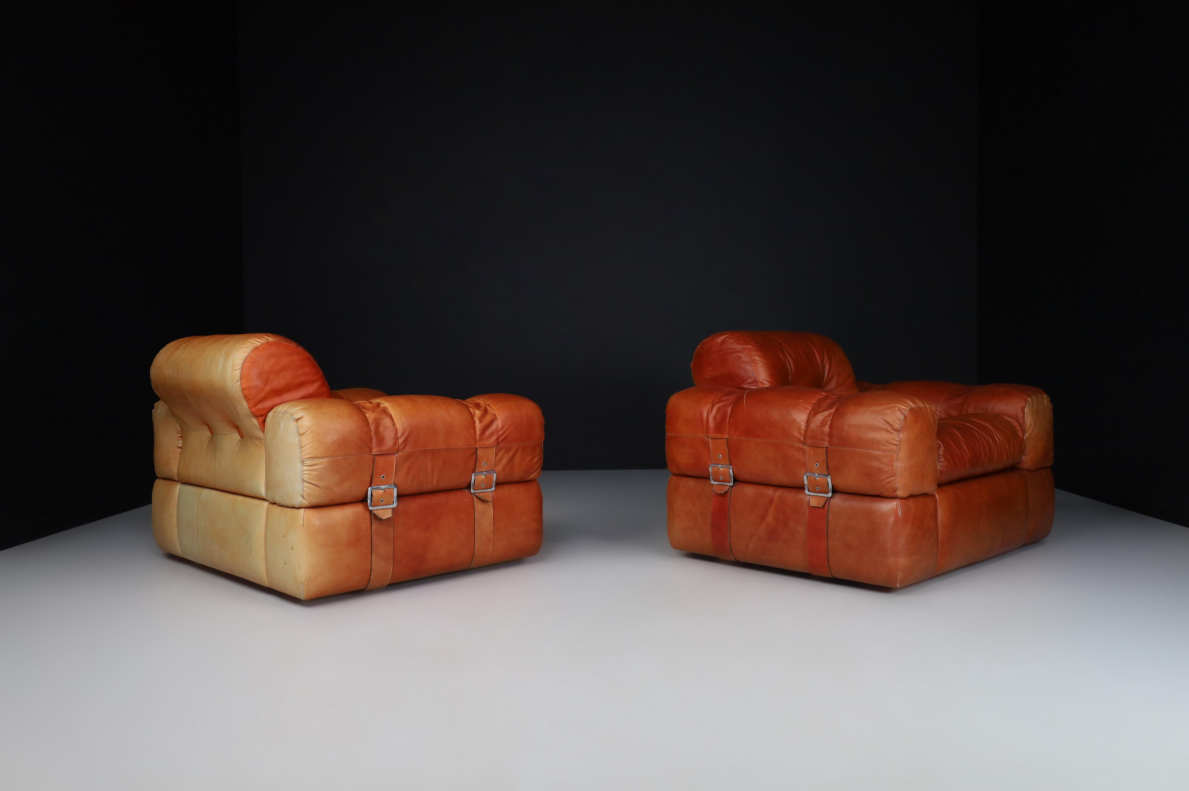 20th Century A couple of Lounge Chairs in Patinated Cognac Leather, Italy 1970  