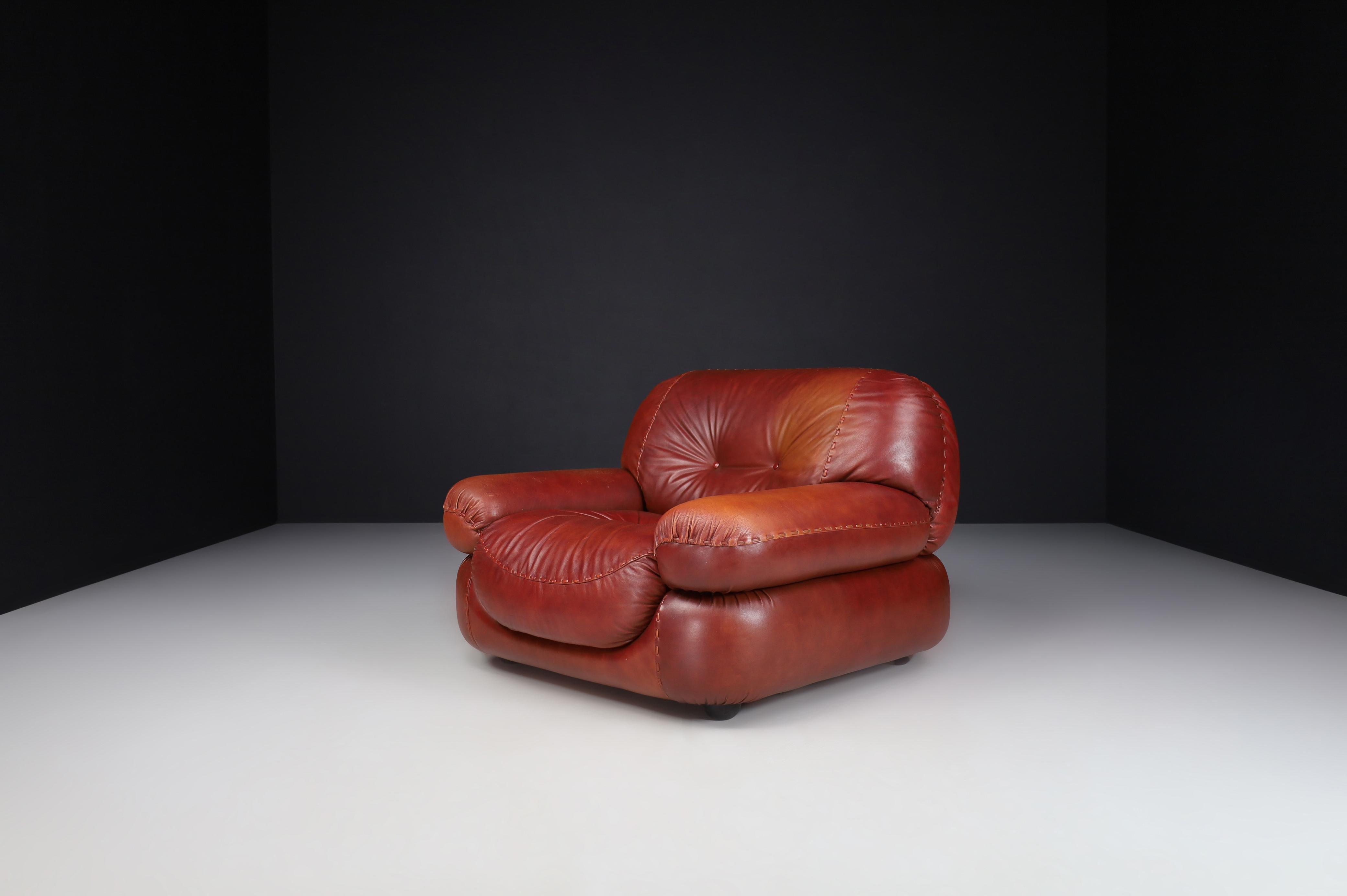 A couple of Lounge Chairs in Patinated CognacLeather by Sapporo for Mobil Girgi For Sale 5