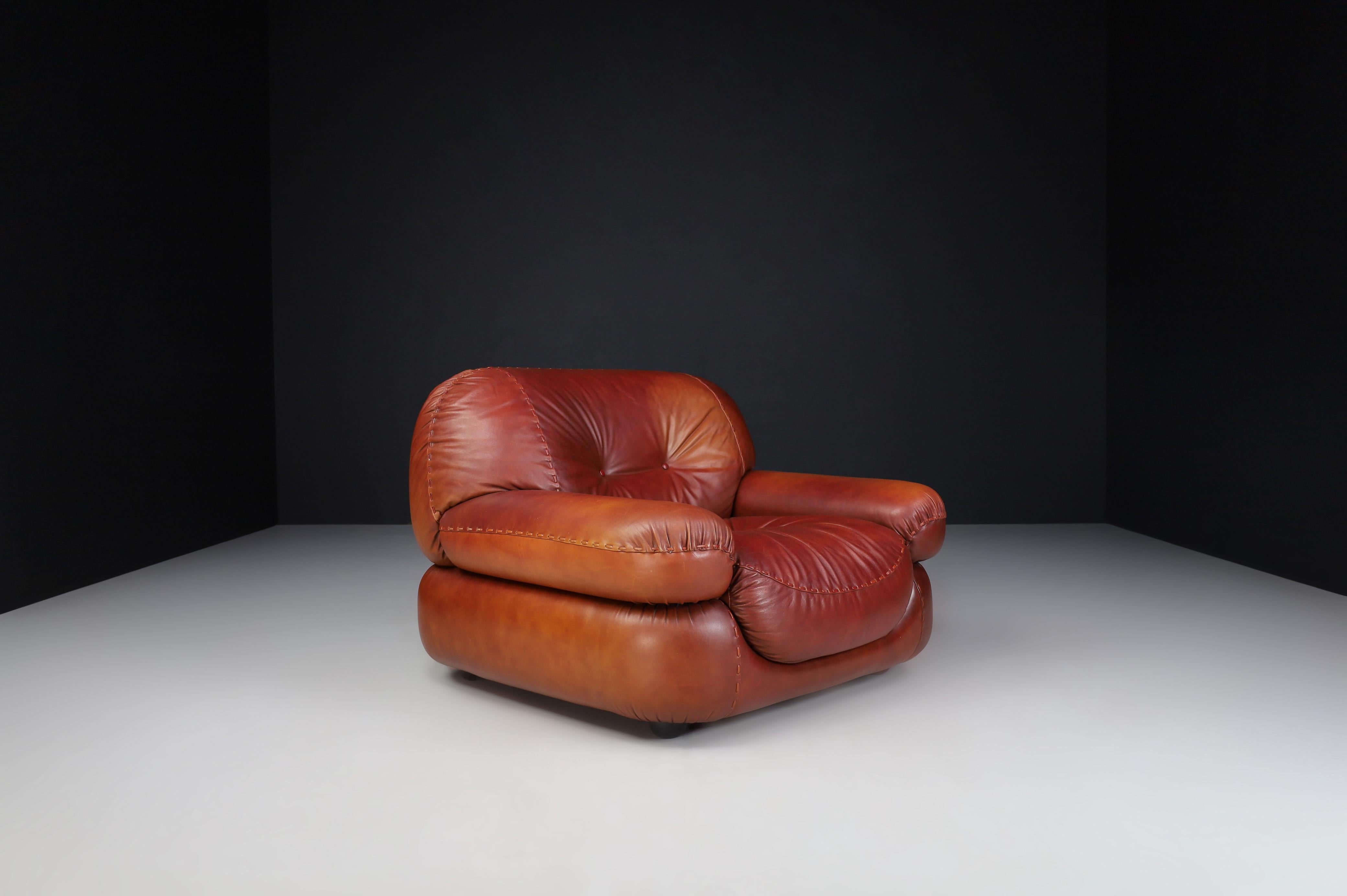 A couple of Lounge Chairs in Patinated CognacLeather by Sapporo for Mobil Girgi For Sale 6