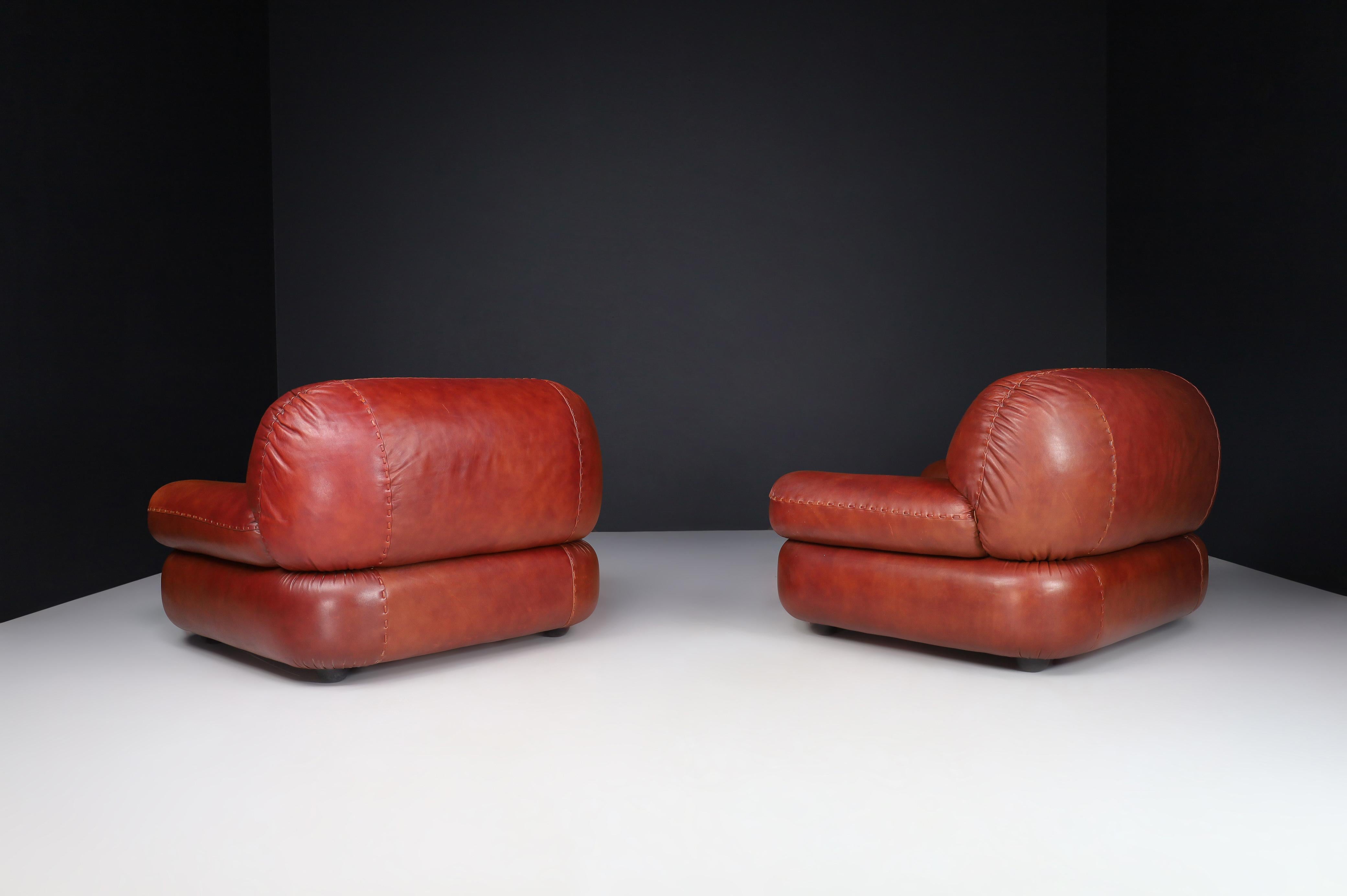 20th Century A couple of Lounge Chairs in Patinated CognacLeather by Sapporo for Mobil Girgi For Sale