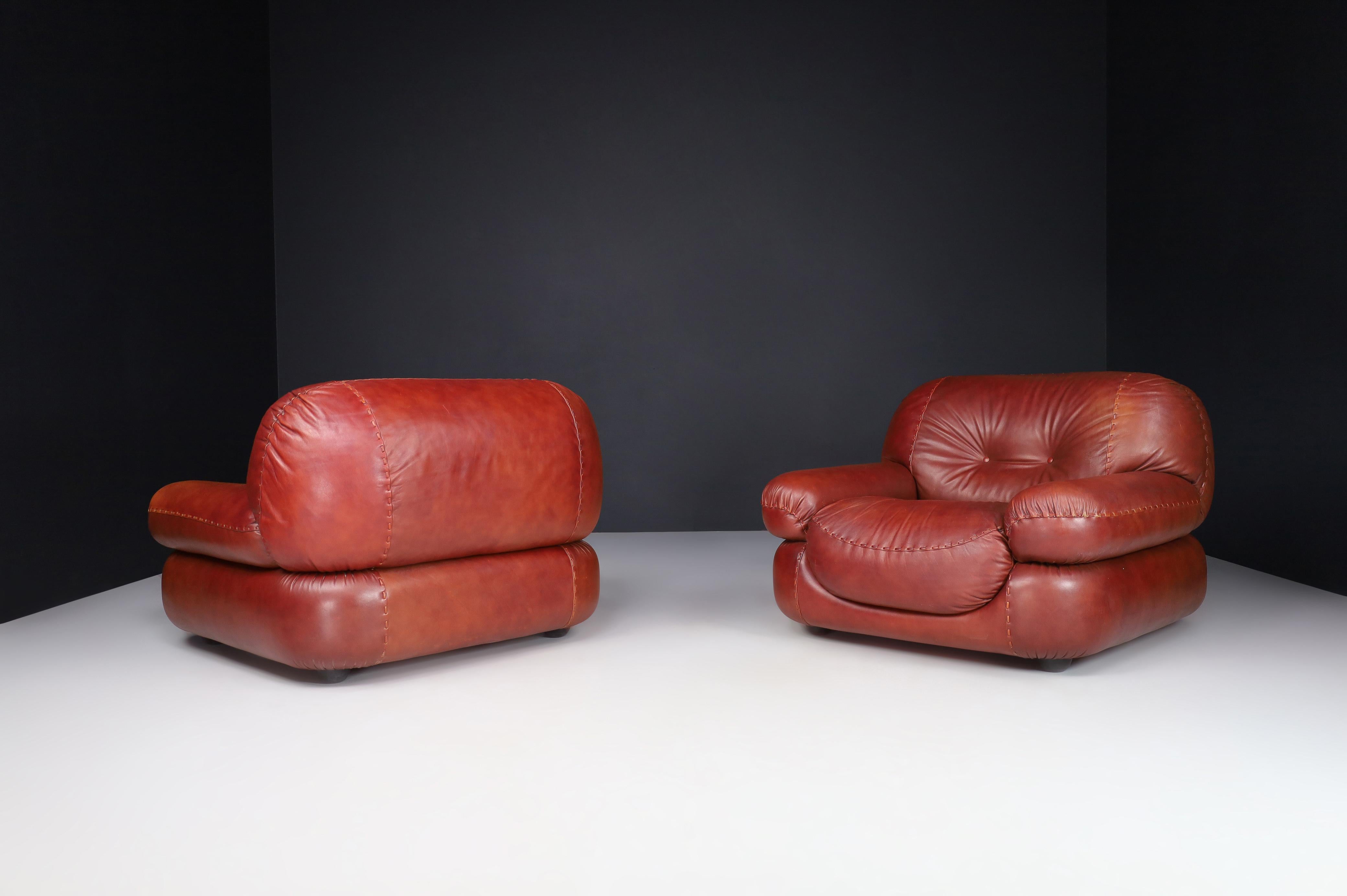 A couple of Lounge Chairs in Patinated CognacLeather by Sapporo for Mobil Girgi For Sale 1
