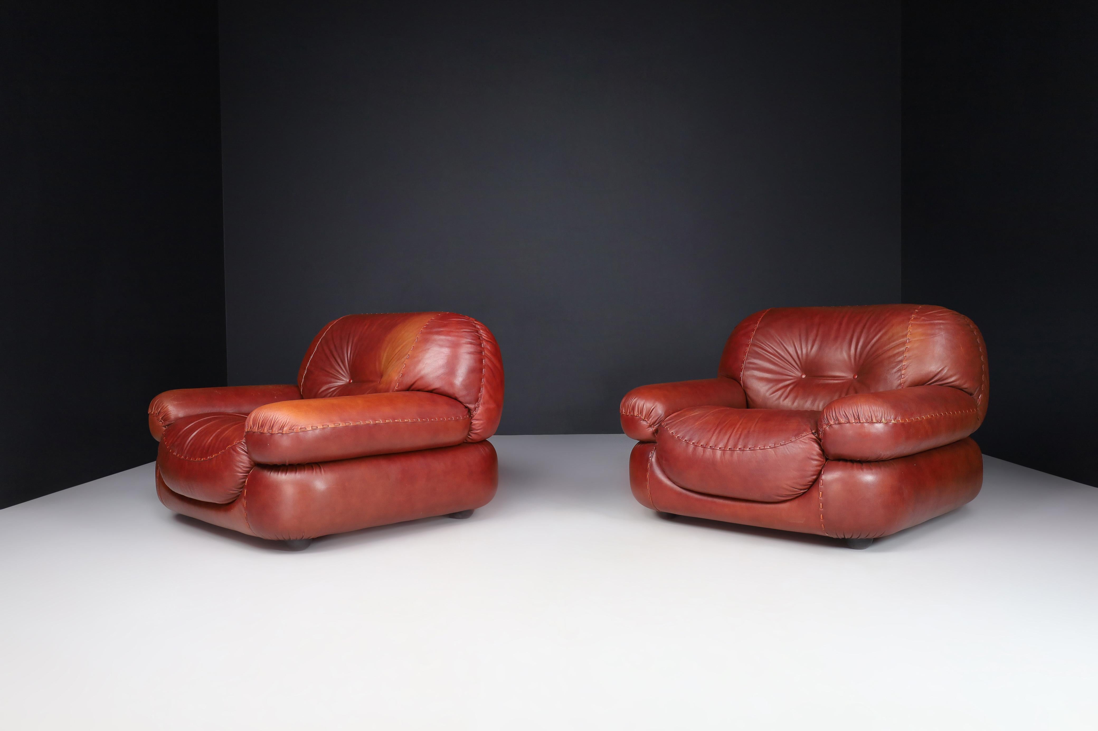 A couple of Lounge Chairs in Patinated CognacLeather by Sapporo for Mobil Girgi For Sale 2