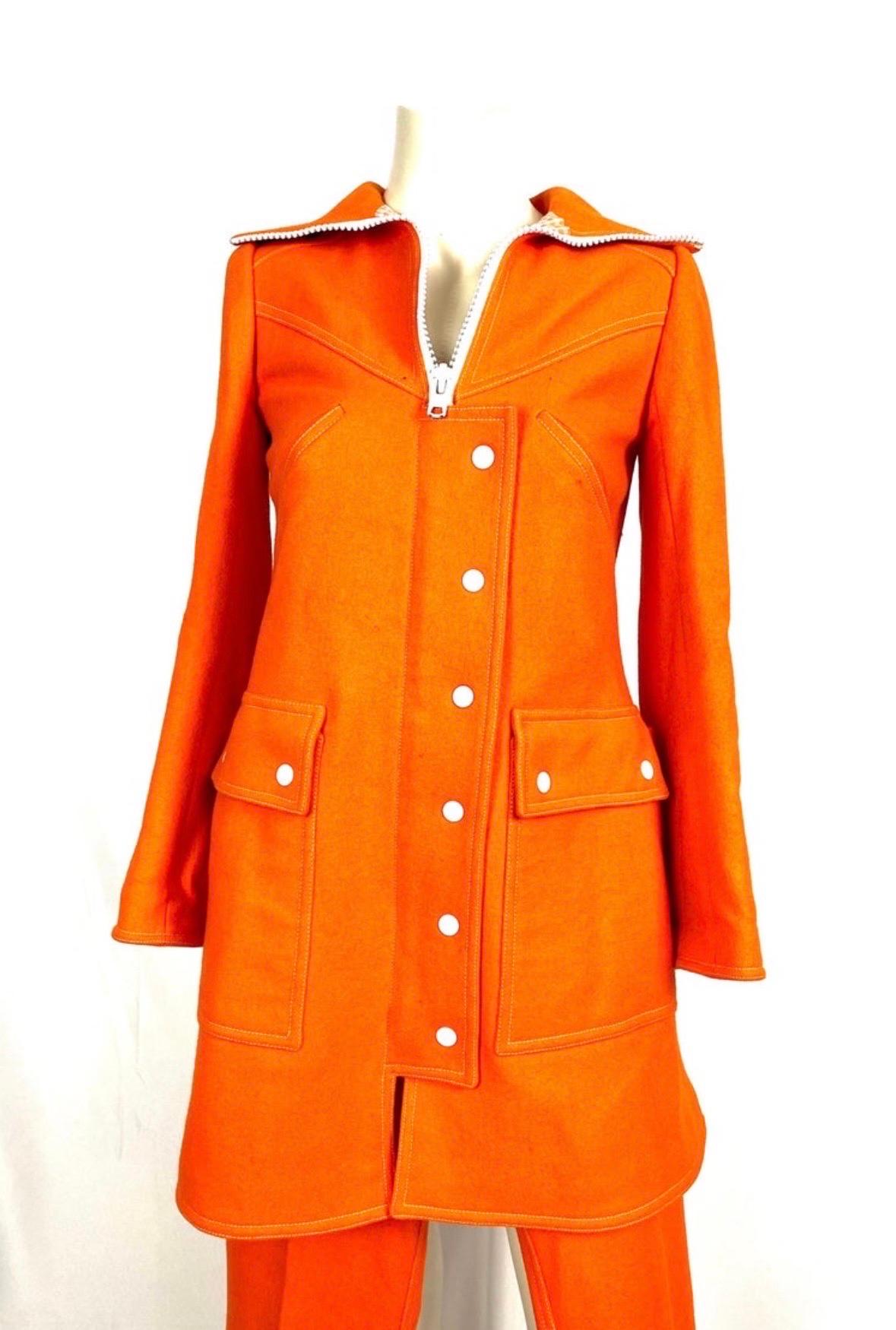 Orange A. Courréges Hyperbole wool orange trouser suit from 1970 For Sale