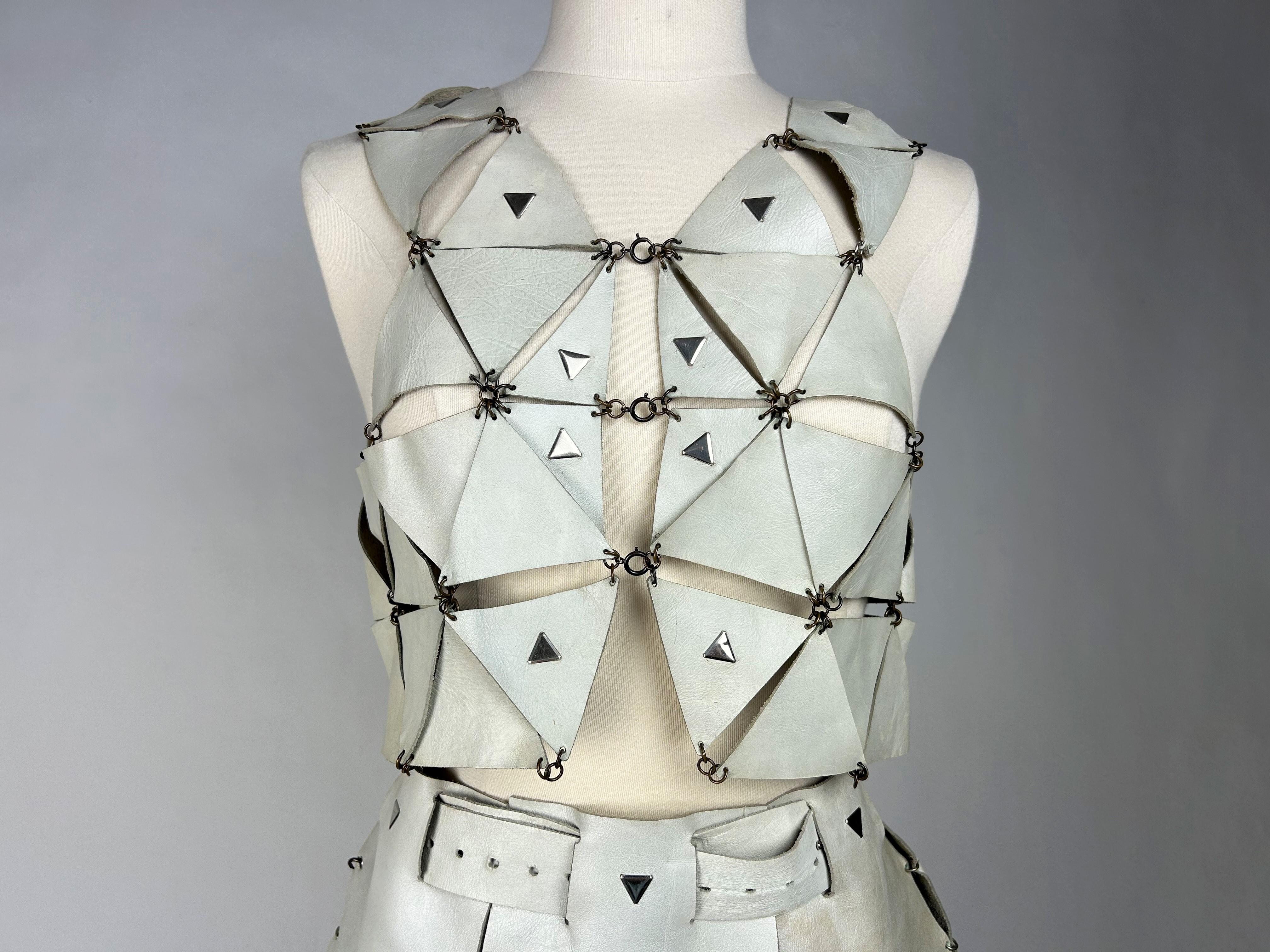A Couture Leather skirt and top set by Paco Rabanne - Paris 1967 For Sale 3