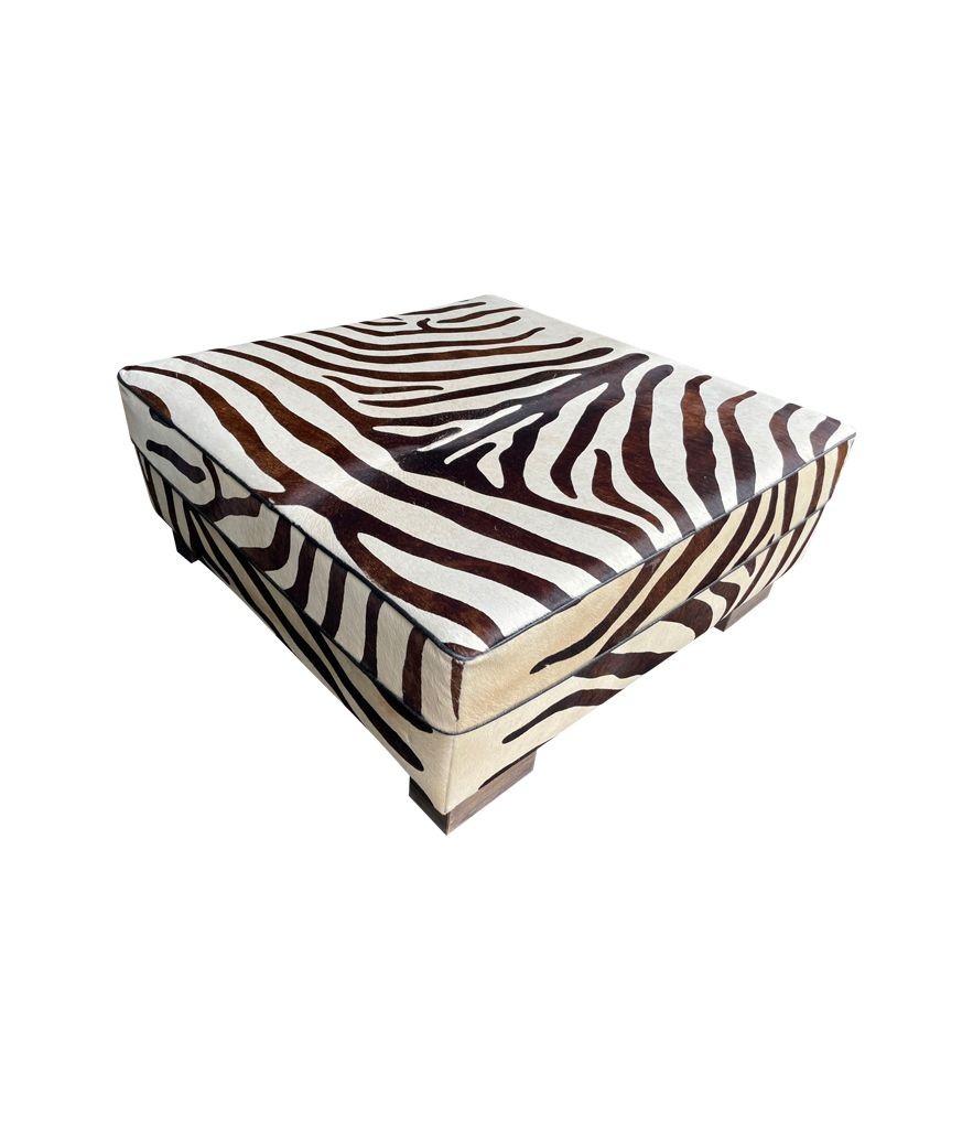 Cowhide Covered Ottoman with Printed Zebra Skin Design 5