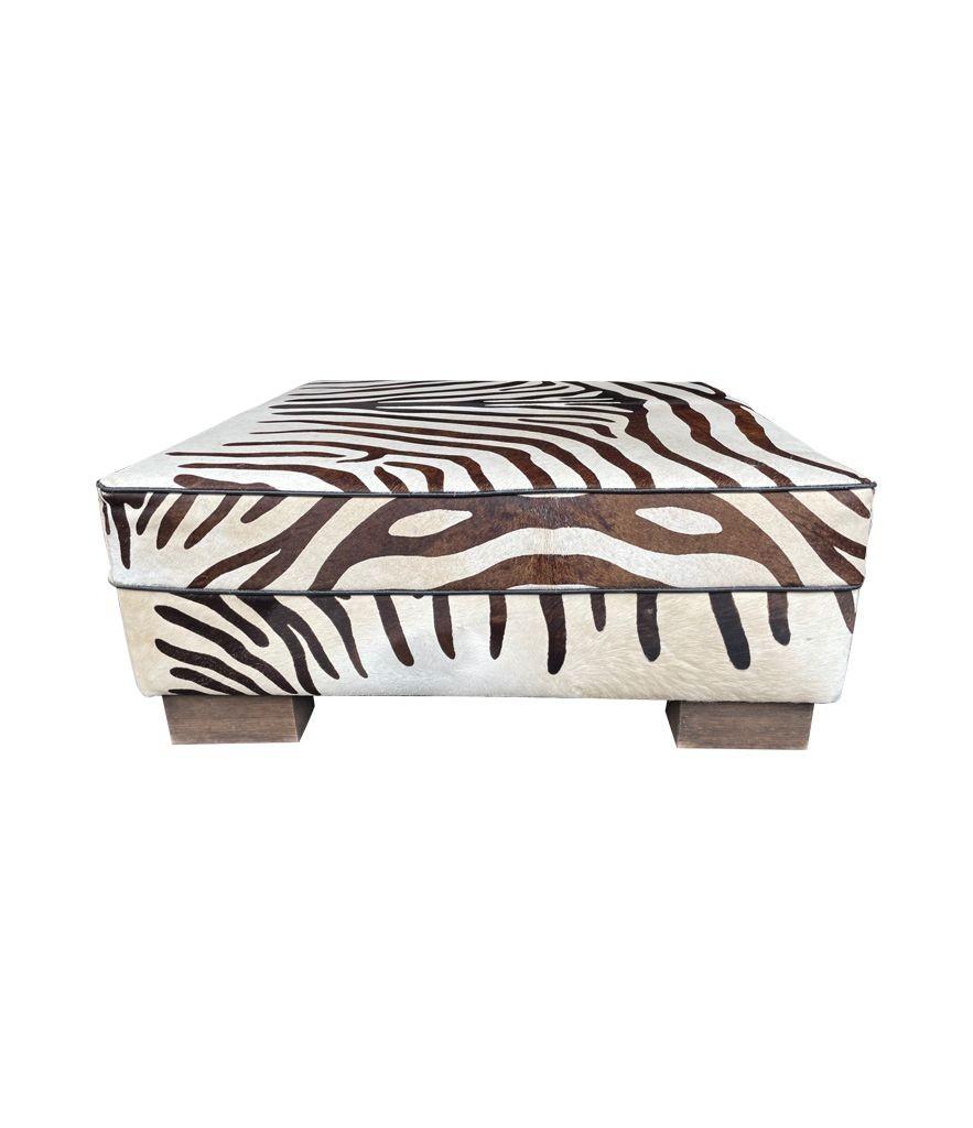 Mid-Century Modern Cowhide Covered Ottoman with Printed Zebra Skin Design