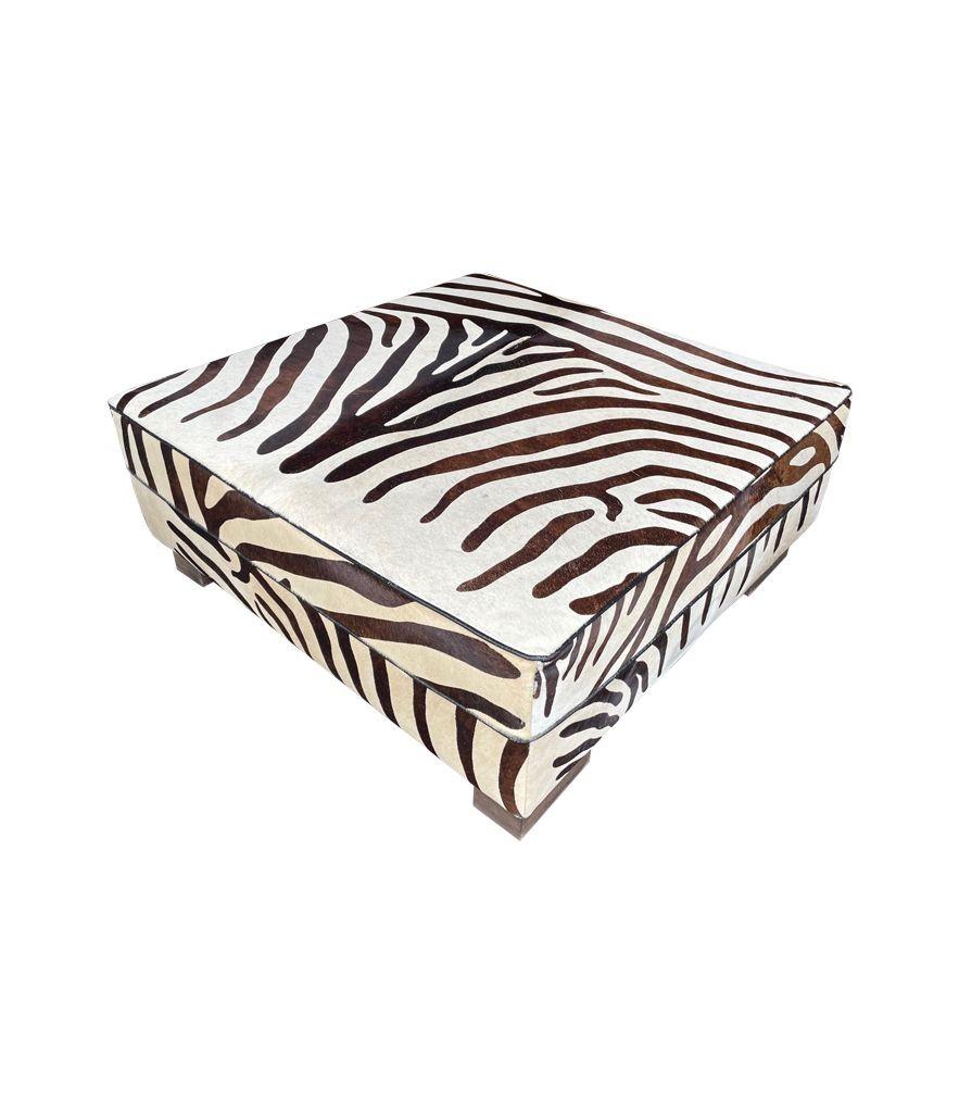 Cowhide Covered Ottoman with Printed Zebra Skin Design In Good Condition In London, GB